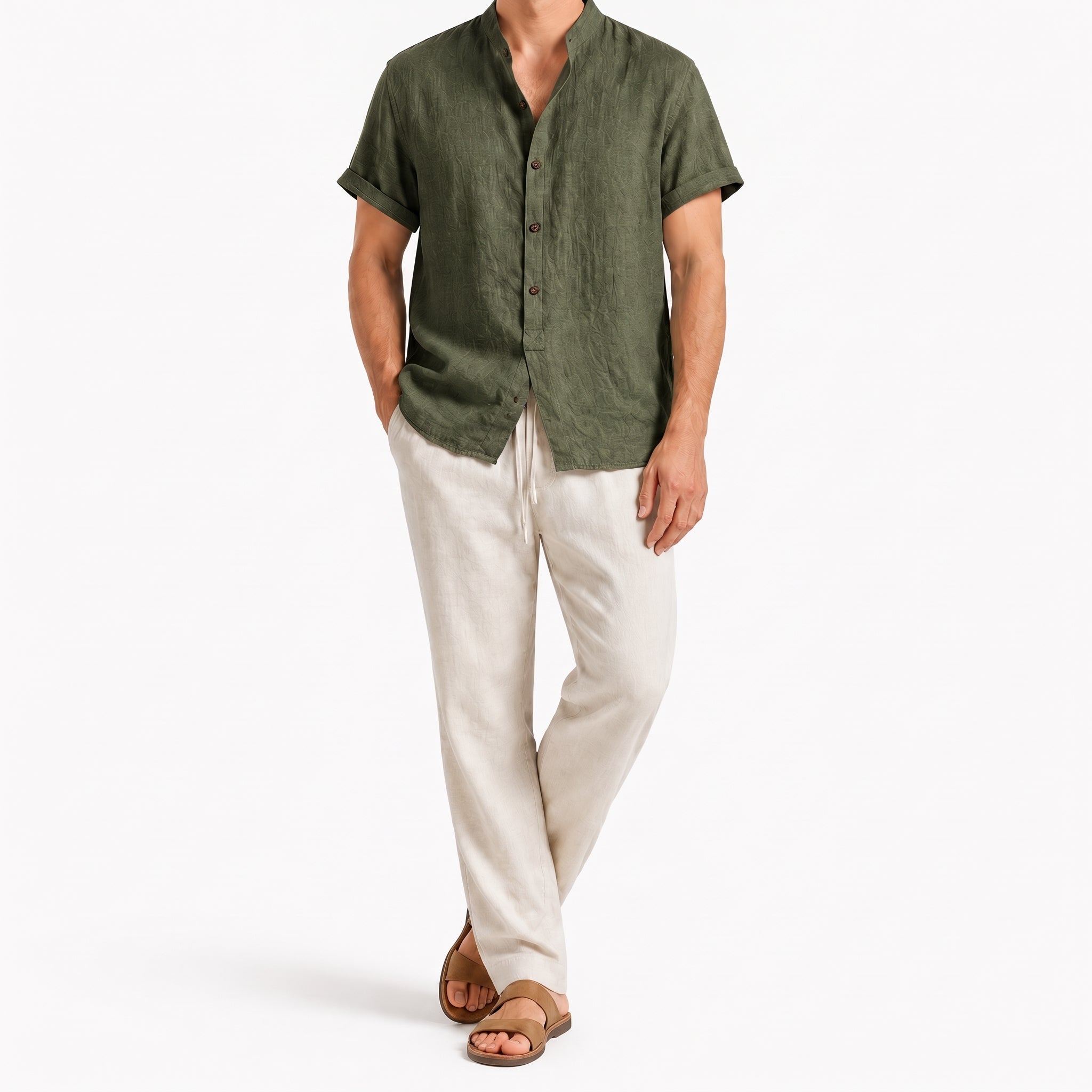 Oliver - Men's Summer Mandarin Collar Button Placket Co-ord Set - Outfit Sets - Dark Green - Parker&Brooks