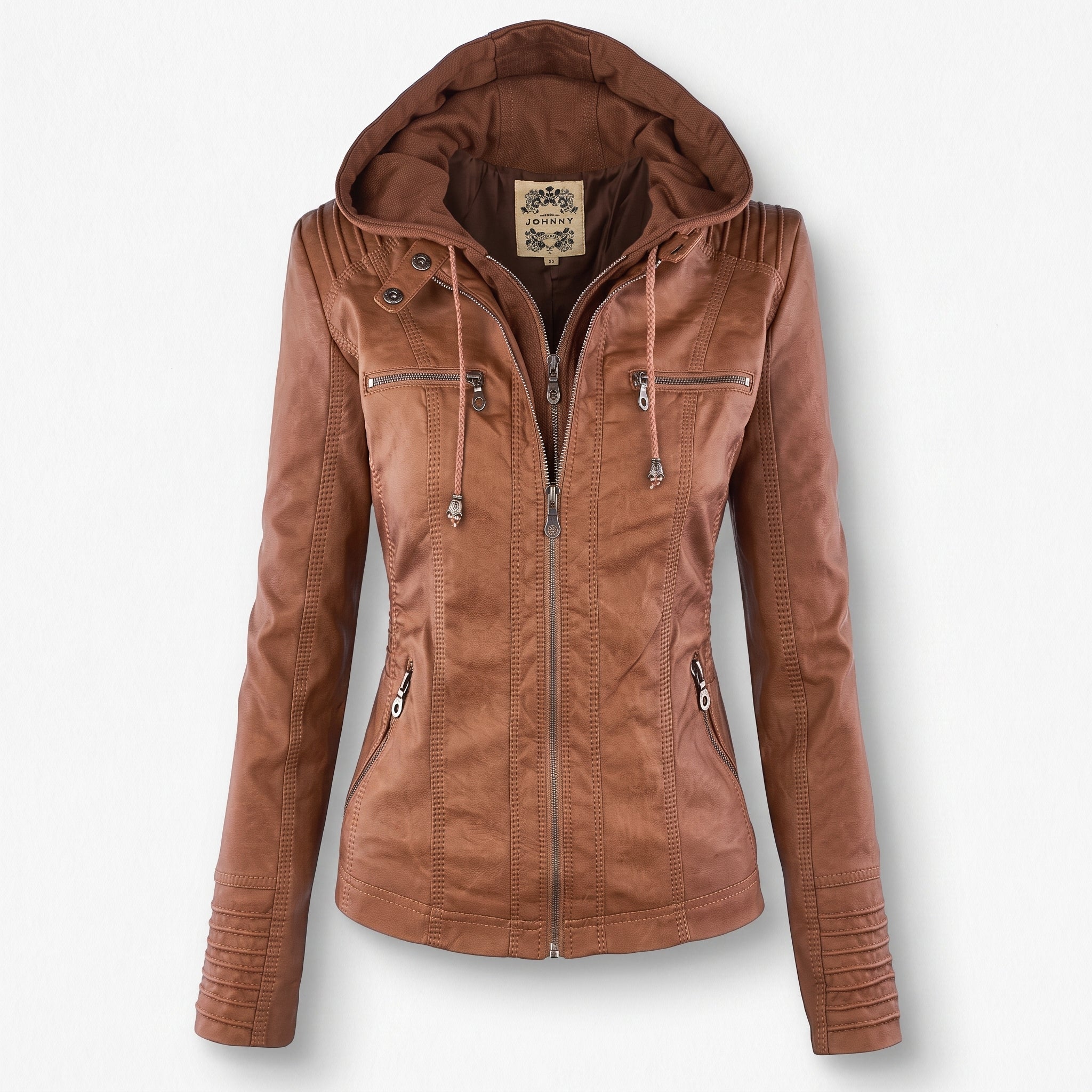 Olivia - Women's Drawstring Hood Full Zip Multi-Pocket Jacket - Jackets - Brown - Parker&Brooks