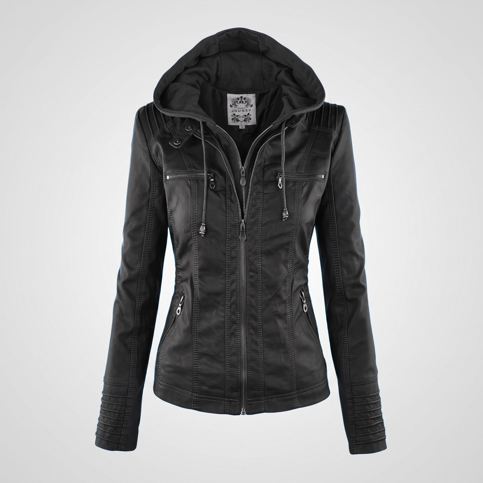 Olivia - Women's Drawstring Hood Full Zip Multi-Pocket Jacket - Jackets - Black - Parker&Brooks