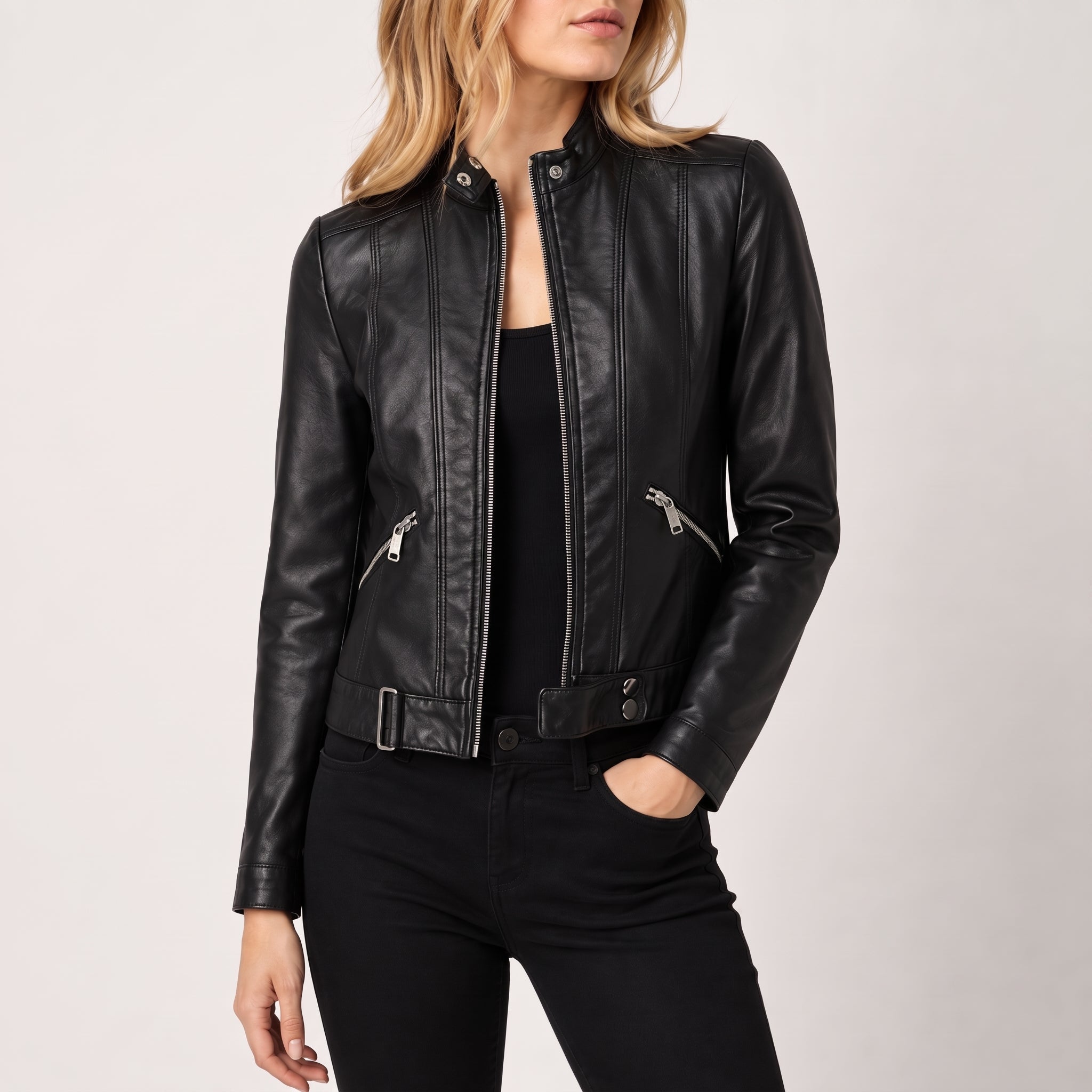Olivia - Women's Fitted Band Collar Full Zip Panel Jacket - Jackets - Black - Parker&Brooks