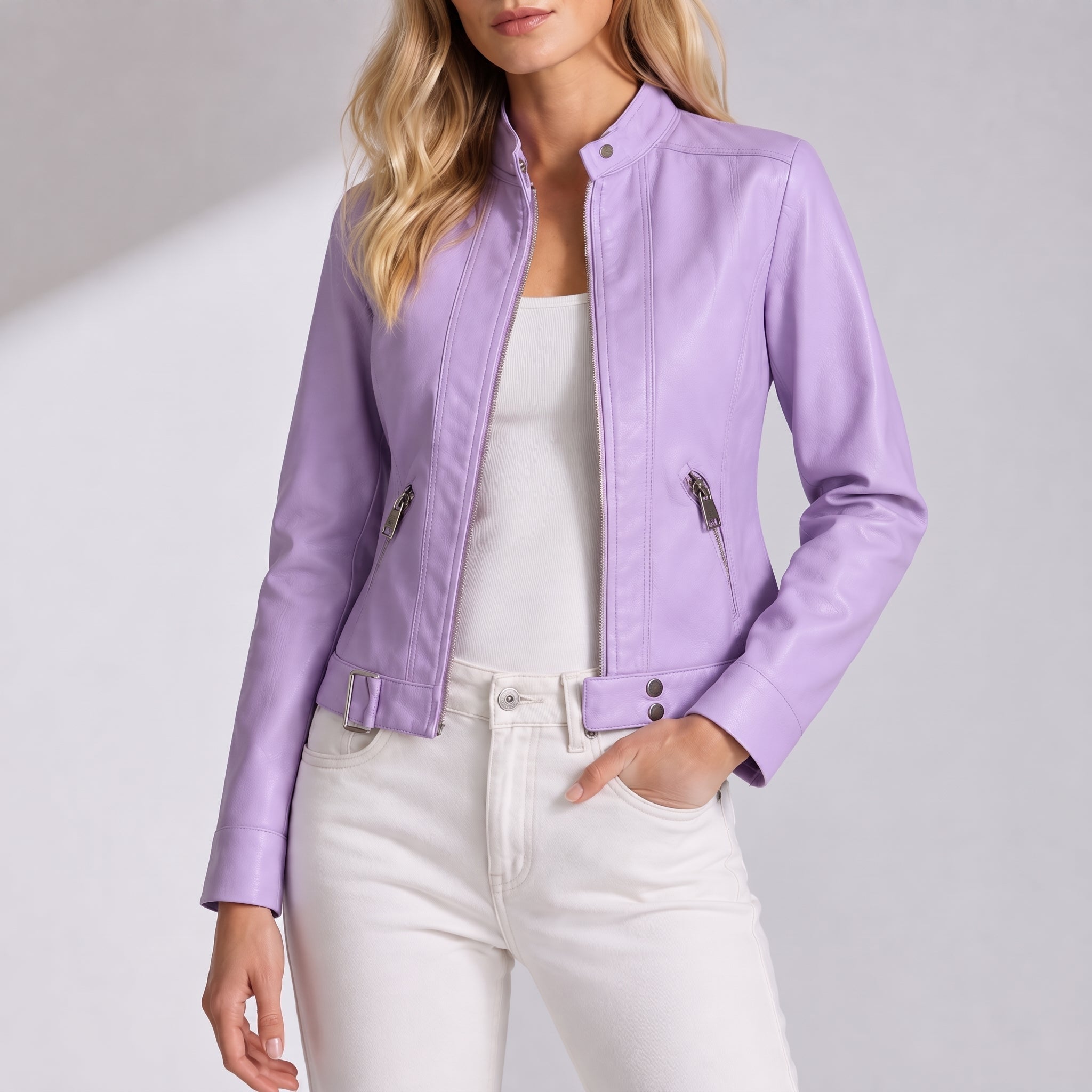Olivia - Women's Fitted Band Collar Full Zip Panel Jacket - Jackets - Purple - Parker&Brooks