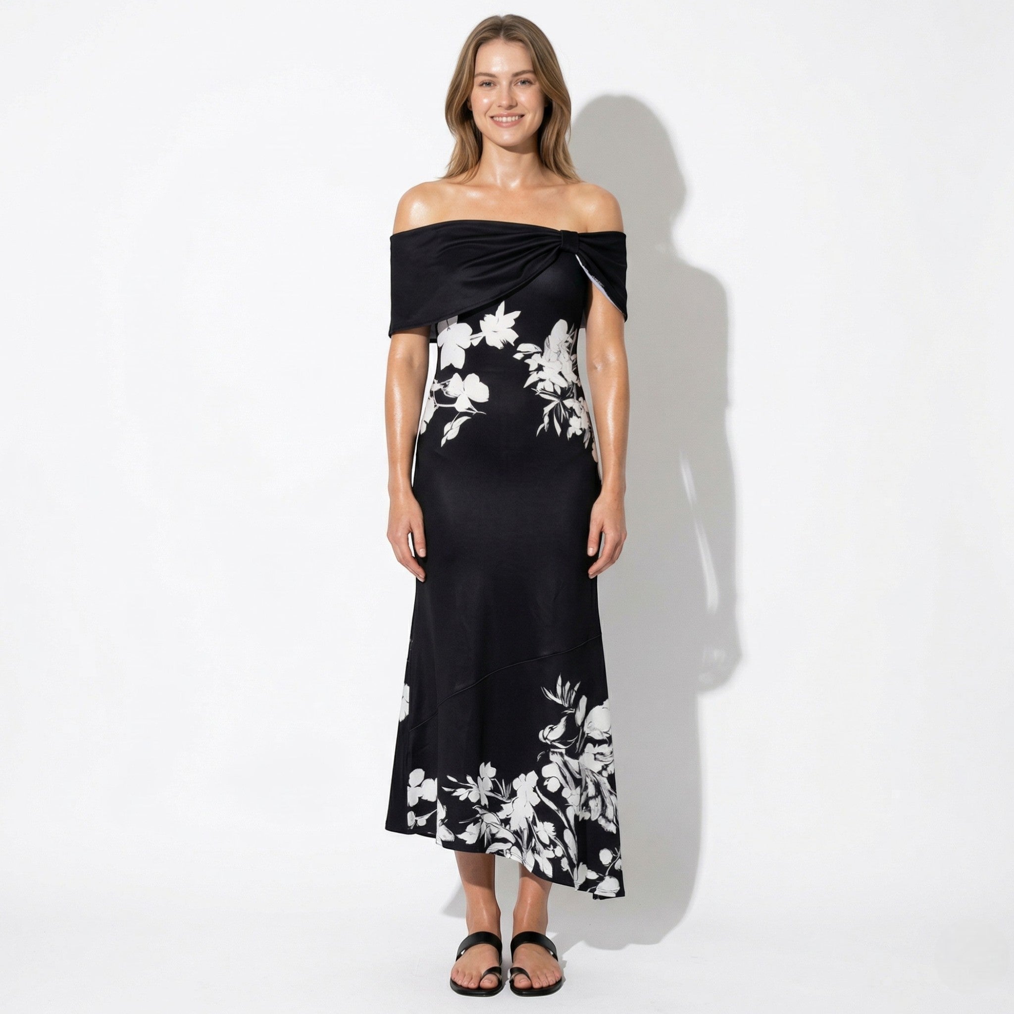 Olivia - Women's Floral Off - Shoulder Midi Dress - Midi Dress - Black - Parker&Brooks