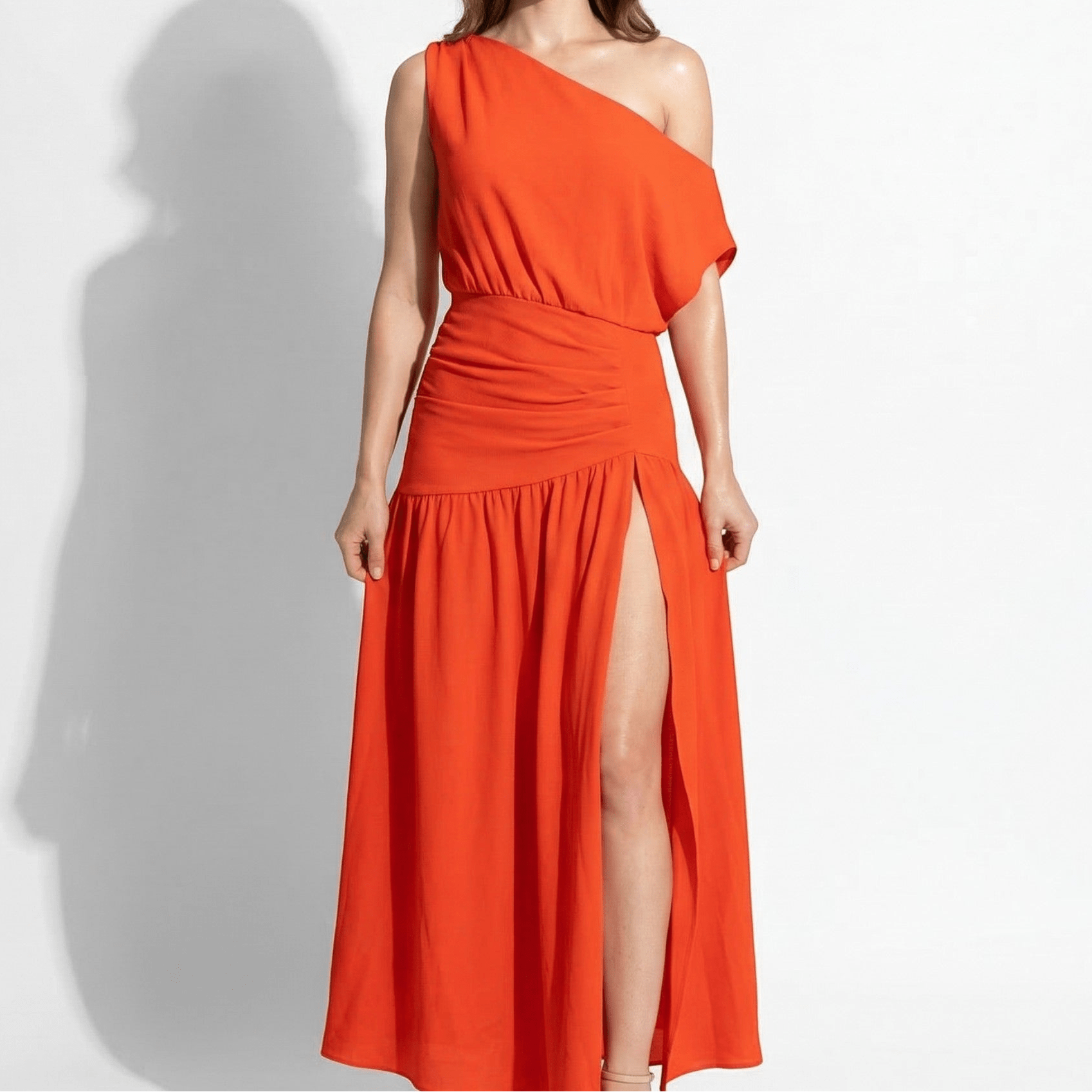 Olivia - Women's Evening Asymmetric Maxi Dress with High Slit - Maxi Dresses - Orange - Parker&Brooks