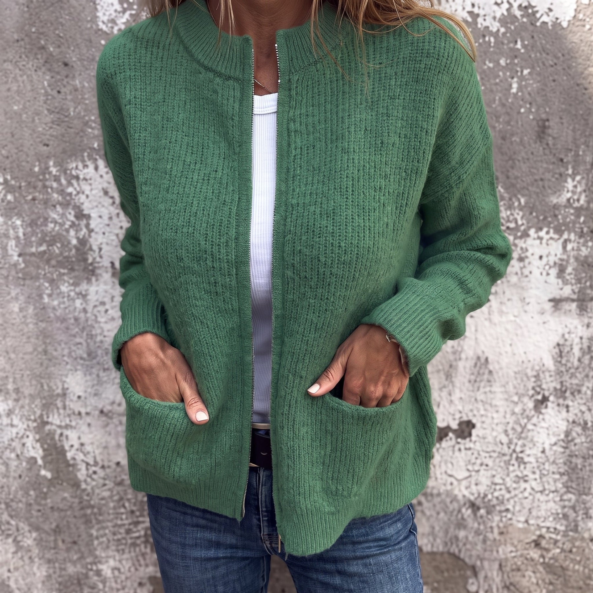 Olivia - Women's Relaxed Zip-Through Ribbed Cardigan - Cardigans - Green - Parker&Brooks