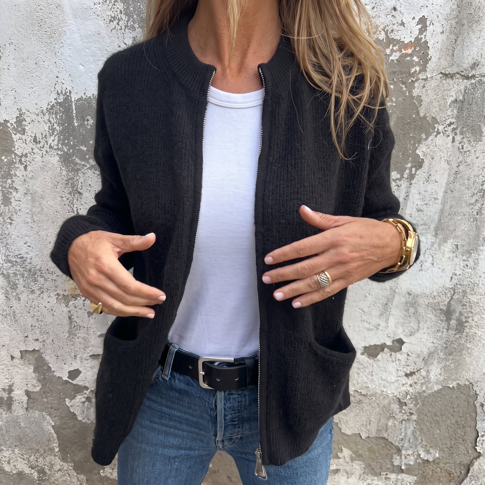 Olivia - Women's Relaxed Zip-Through Ribbed Cardigan - Cardigans - Black - Parker&Brooks