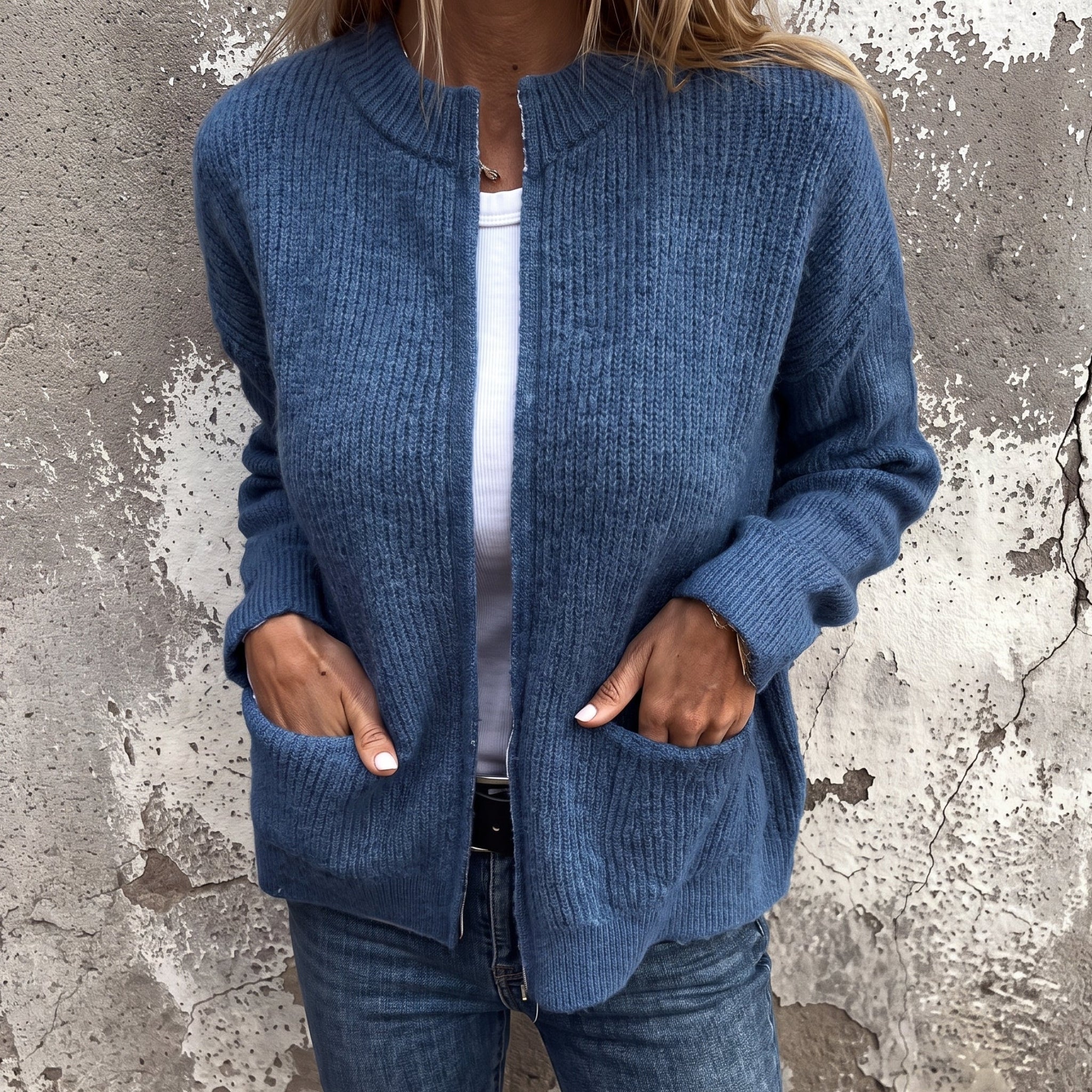 Olivia - Women's Relaxed Zip-Through Ribbed Cardigan - Cardigans - Blue - Parker&Brooks