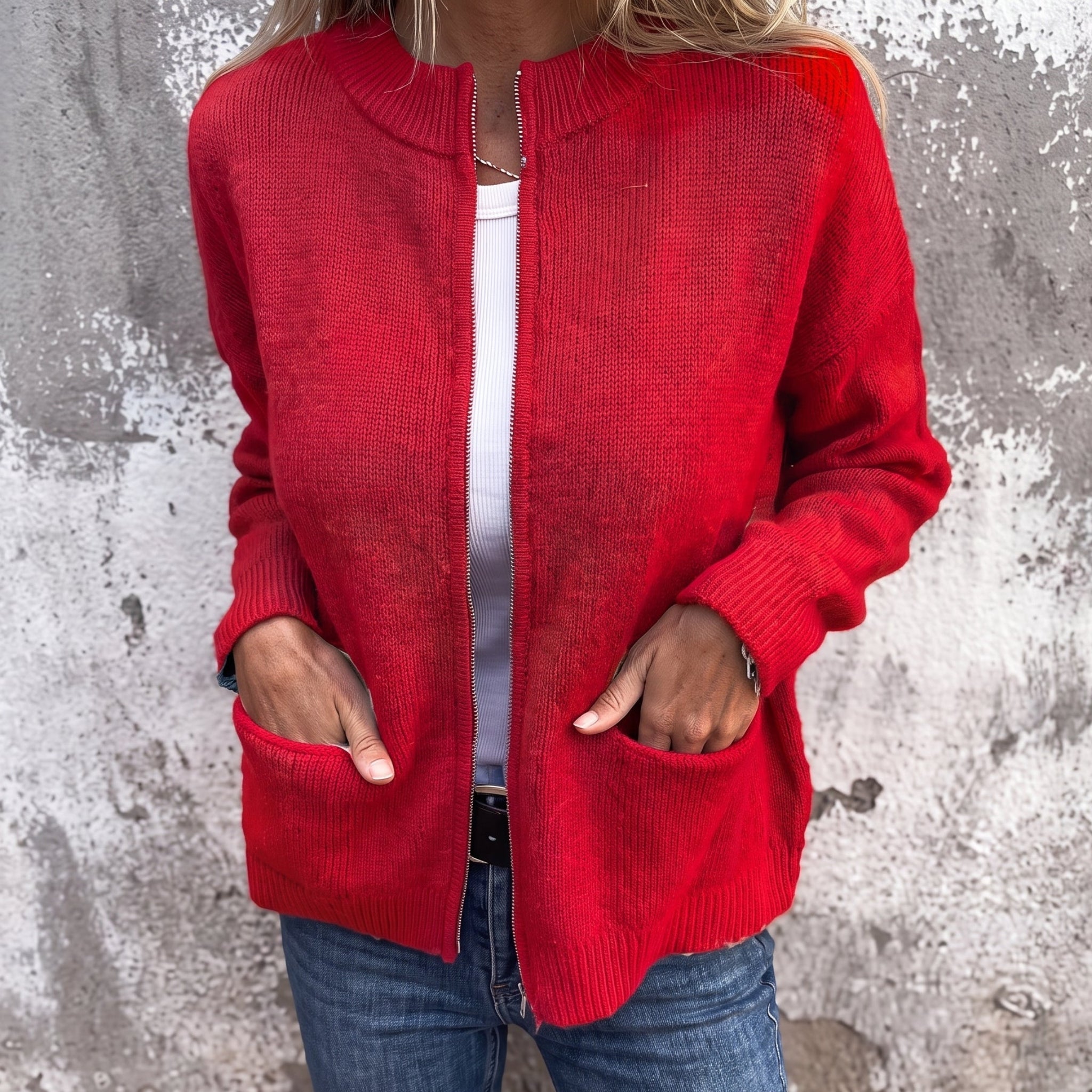 Olivia - Women's Relaxed Zip-Through Ribbed Cardigan - Cardigans - Red - Parker&Brooks