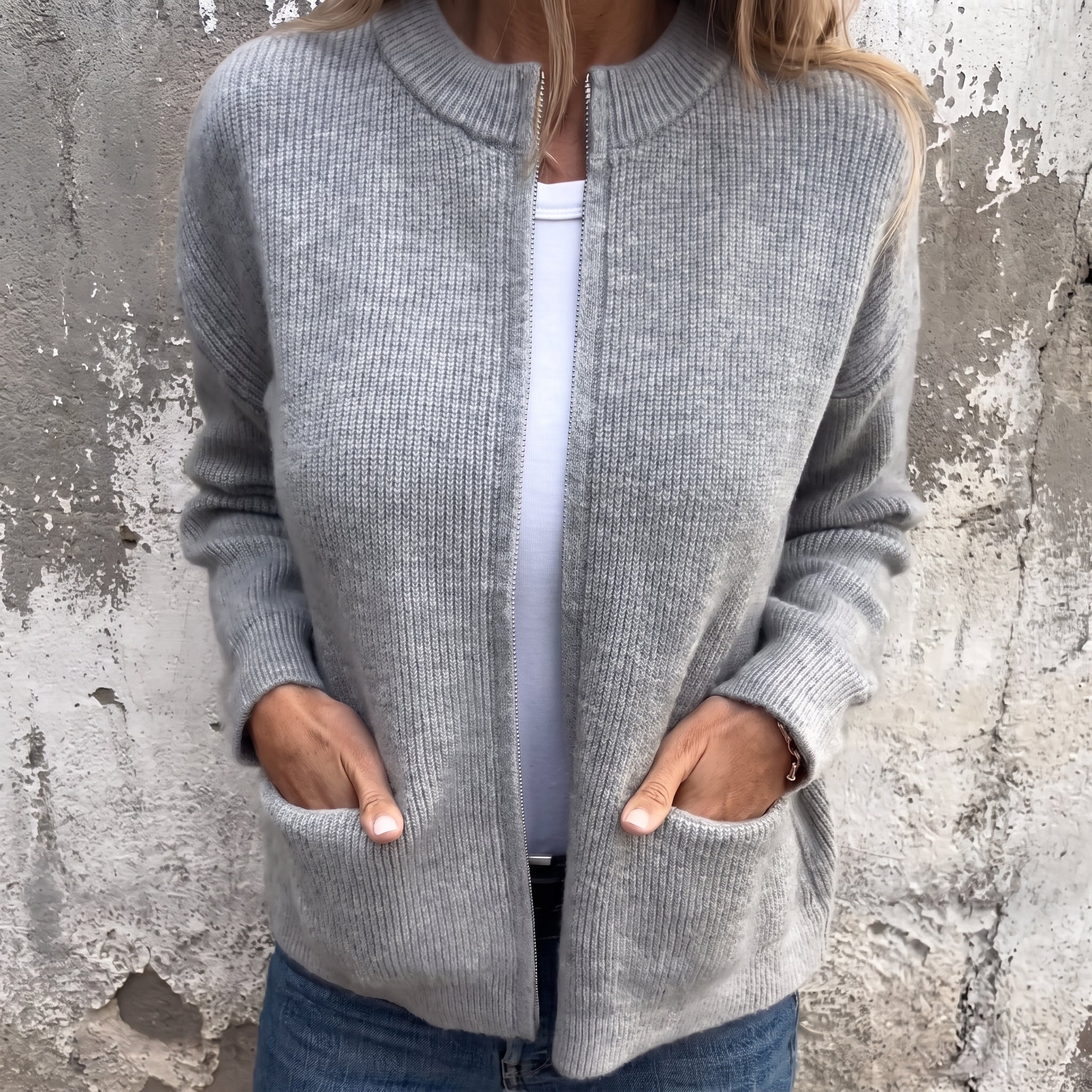 Olivia - Women's Relaxed Zip-Through Ribbed Cardigan - Cardigans - Gray - Parker&Brooks