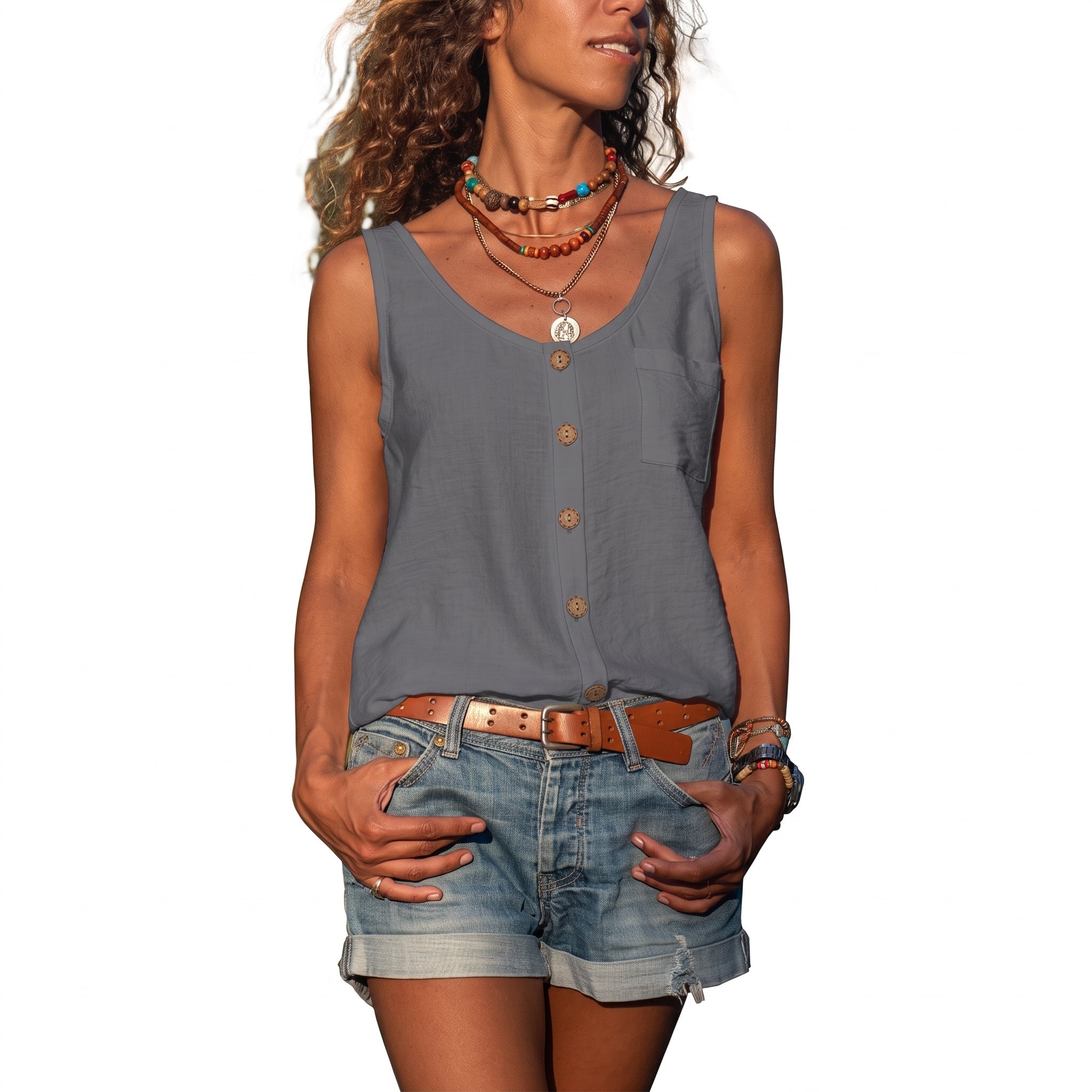 Olivia – Women's Summer Relaxed Fit Button-Down Vest Top - Blouses - Gray - Parker&Brooks