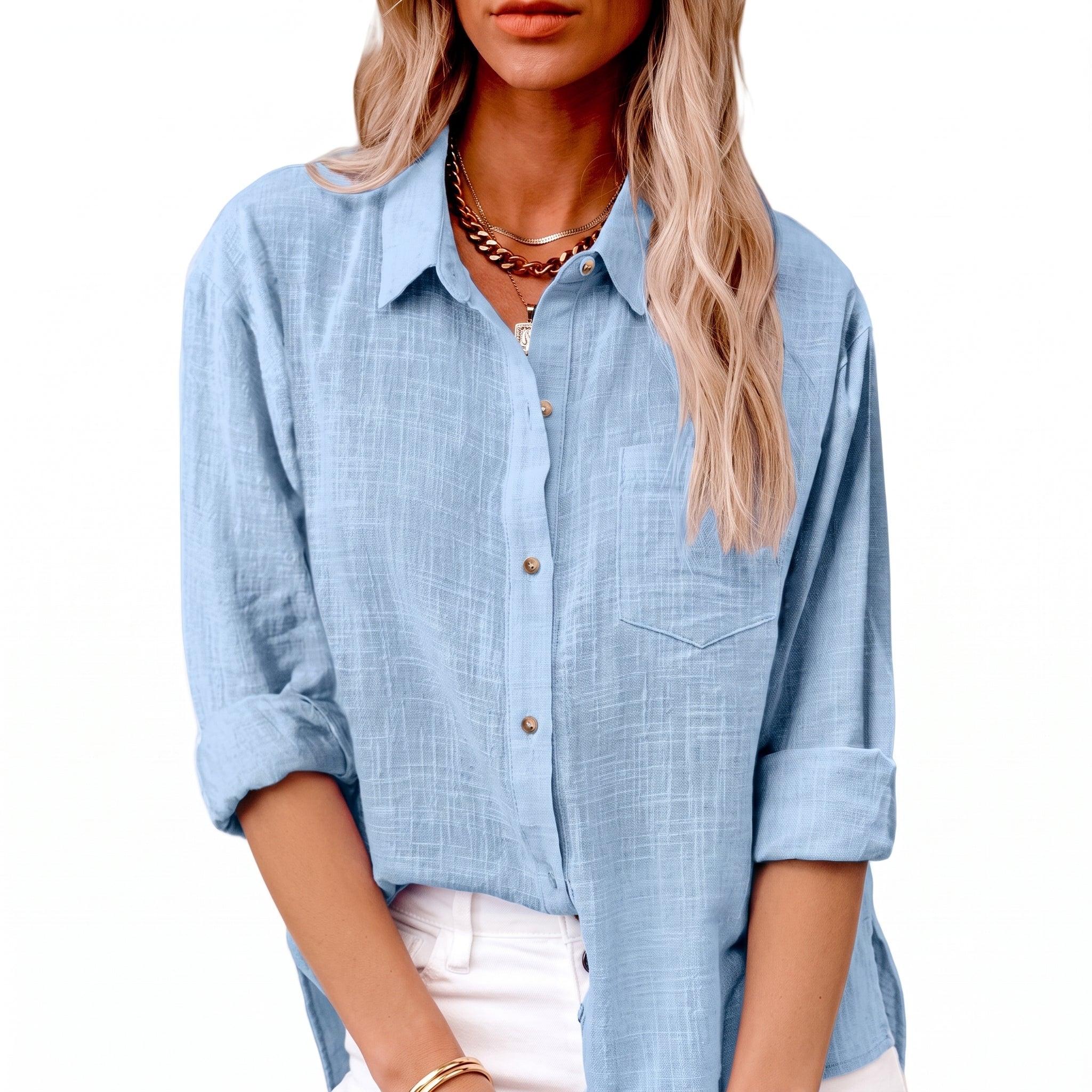 Olivia - Women's Summer Sheer Long Sleeve Point Collar Blouse - Blouses - Light Blue - Parker&Brooks