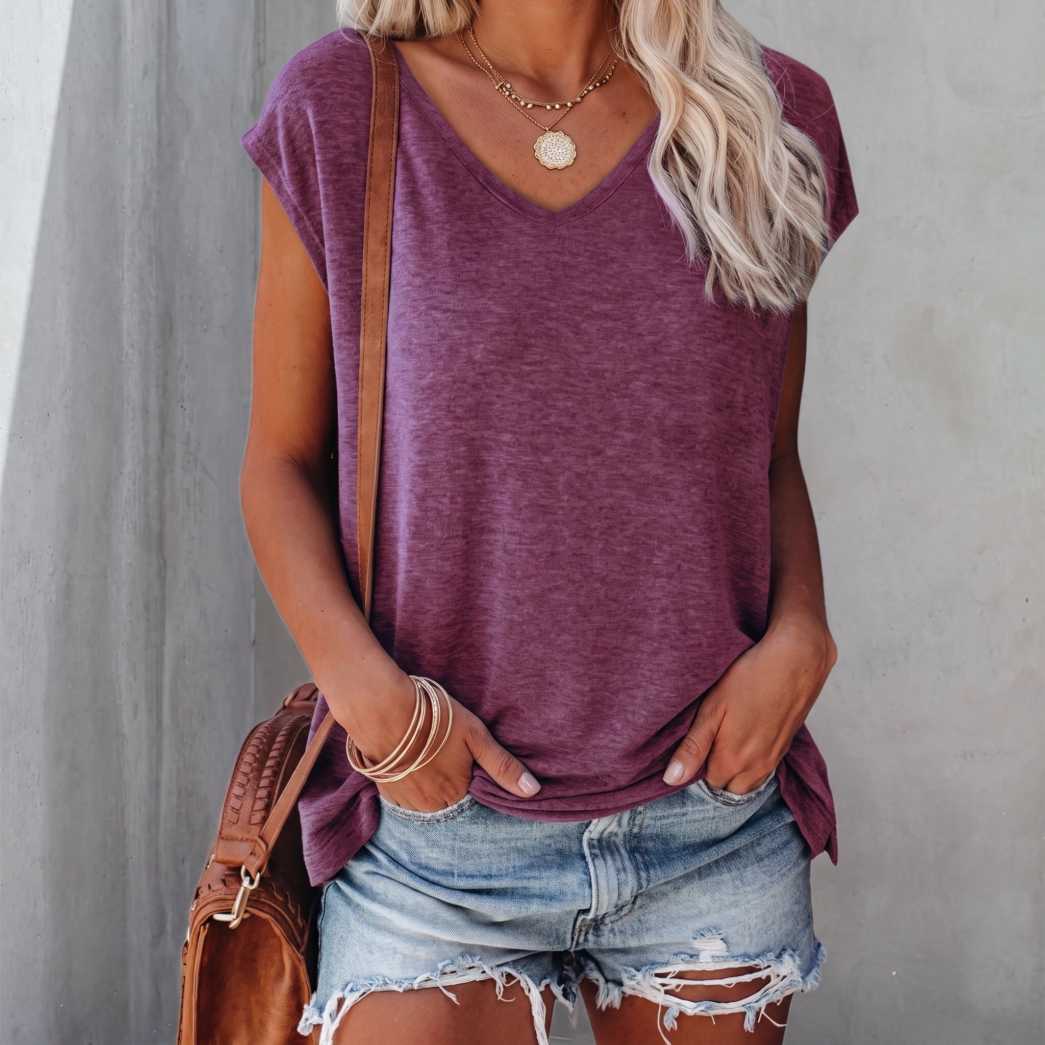 Olivia - Women's Summer V-Neck Cap Sleeve T-Shirt - T-Shirts - Red - Parker&Brooks