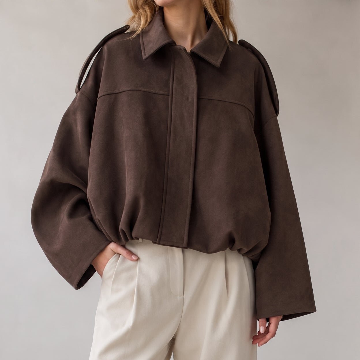 Olivia - Women's Vintage Dropped Shoulder Suede Bomber Jacket - Bomber Jackets - Coffee - Parker&Brooks