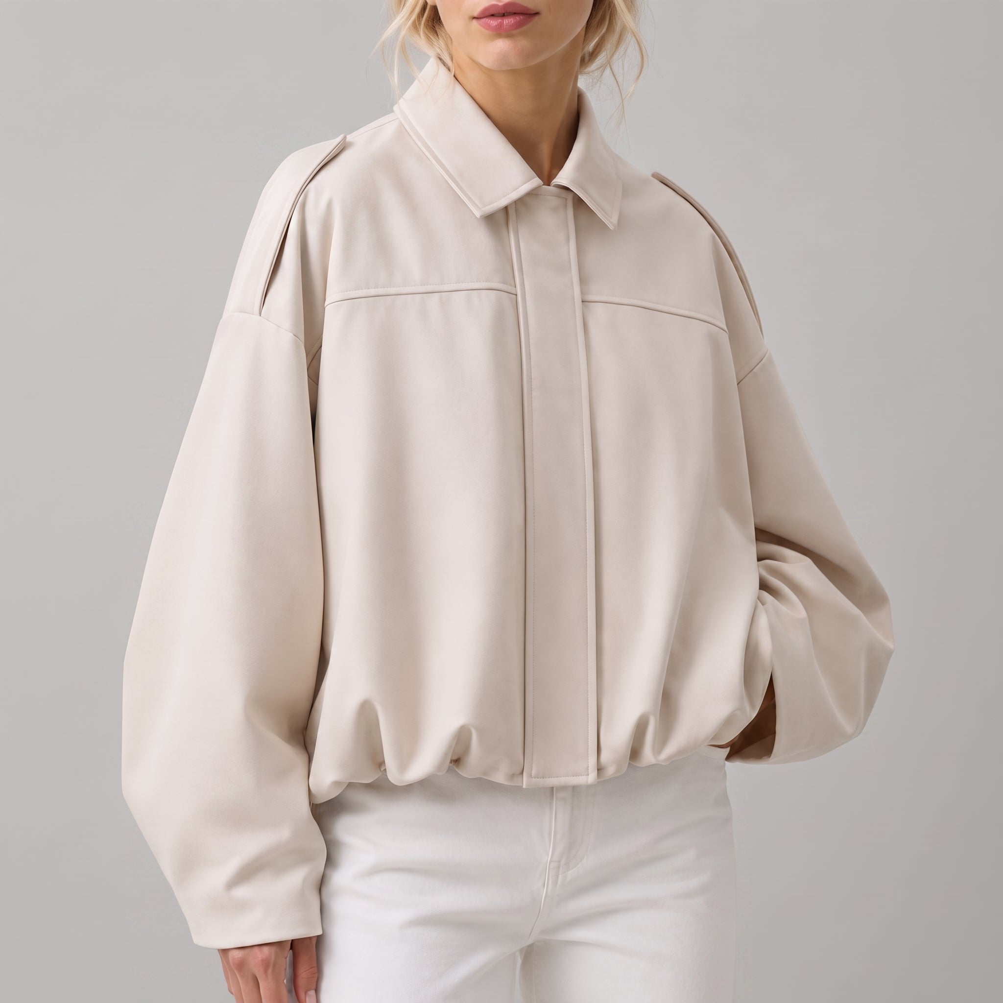 Olivia - Women's Vintage Dropped Shoulder Suede Bomber Jacket - Bomber Jackets - Beige - Parker&Brooks