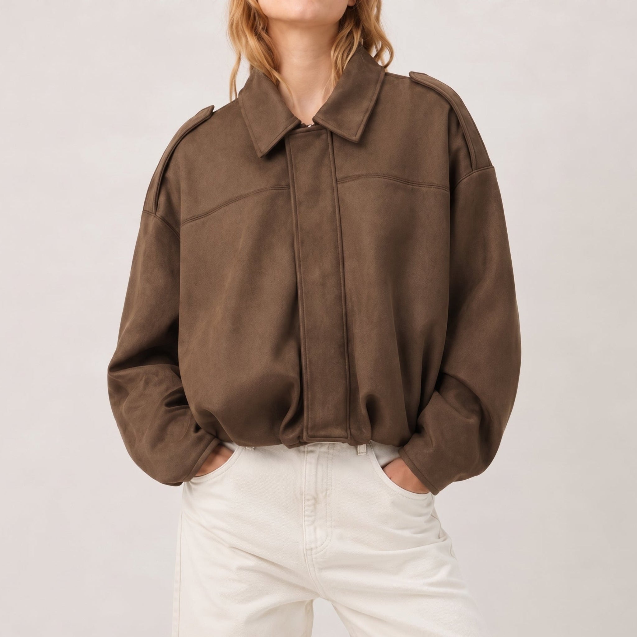 Olivia - Women's Vintage Dropped Shoulder Suede Bomber Jacket - Bomber Jackets - Brown - Parker&Brooks