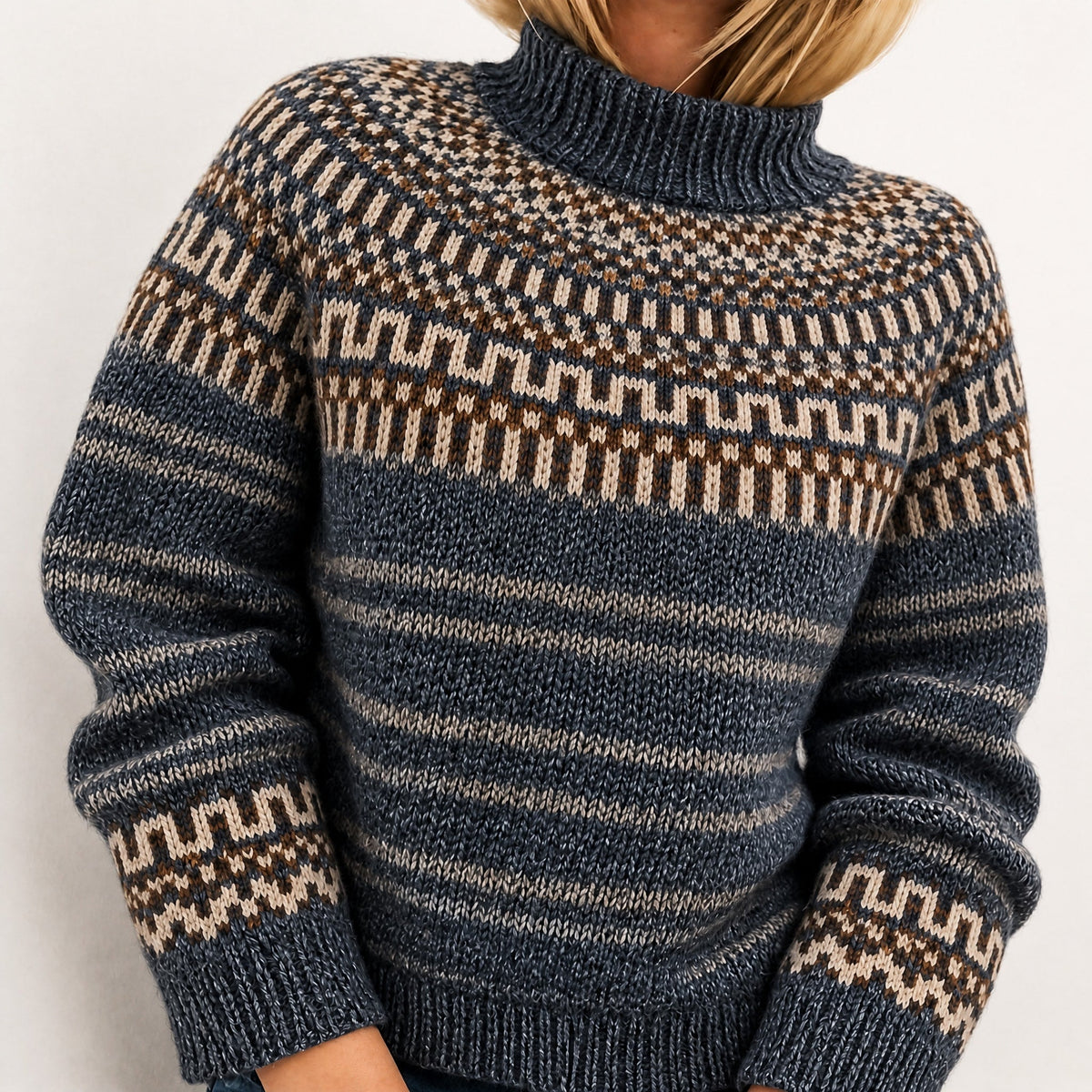 Oona - Women's Fair Isle Turtleneck Sweater with Knit Pattern - Sweaters - Dark Gray - Parker&Brooks