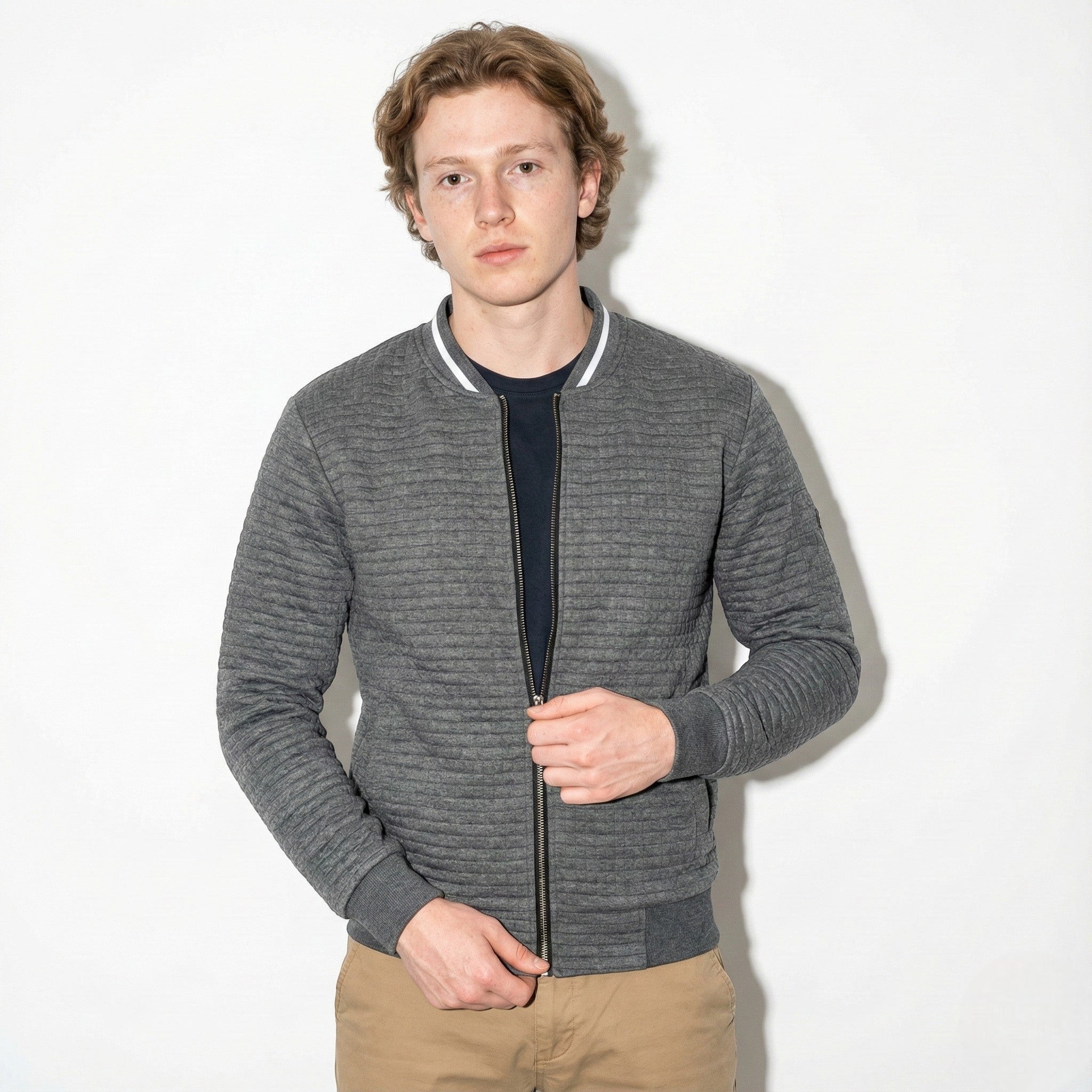 Men's Texture Jacket with Full Zip and Contrast Collar