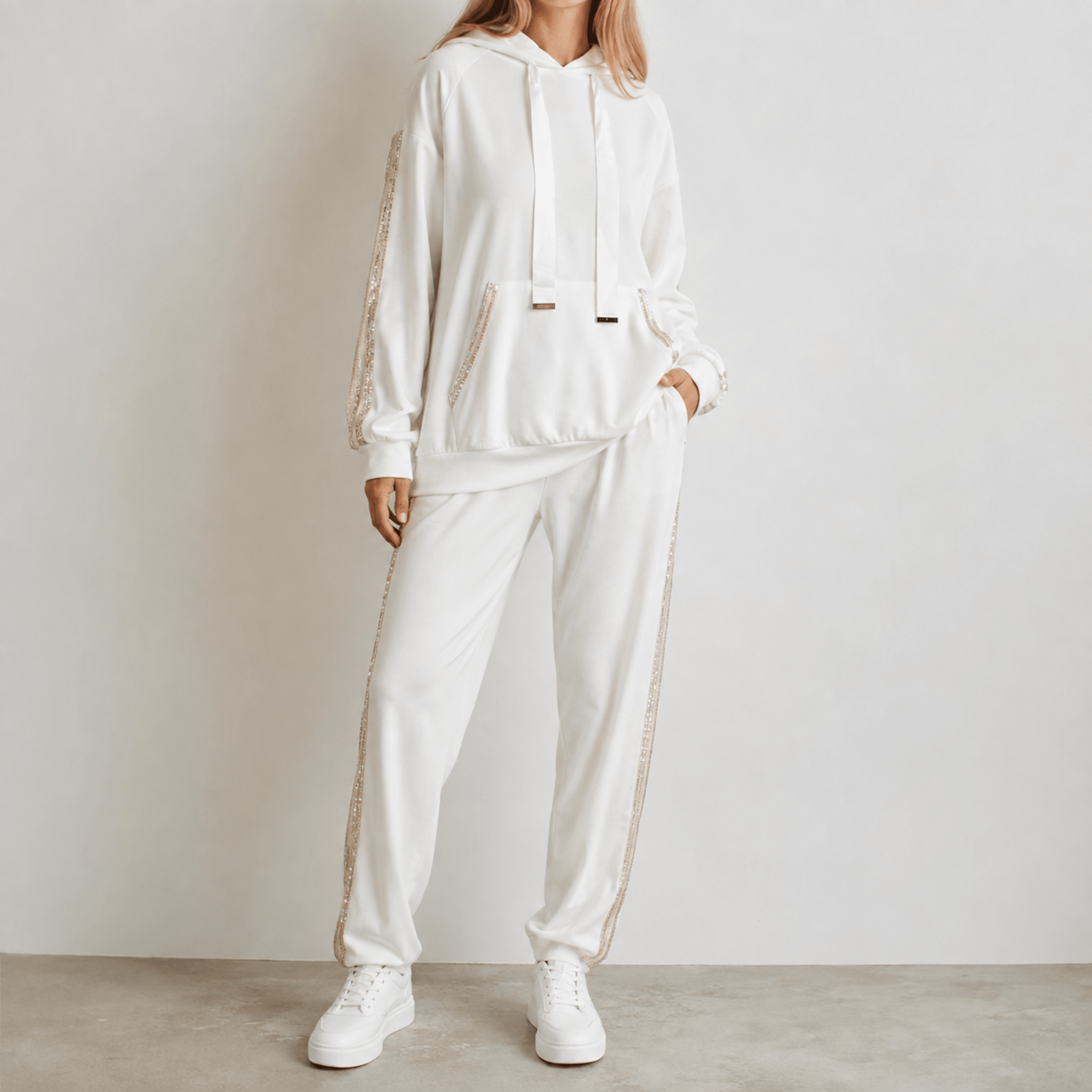 Phoebe - Women's Contrast Side Stripe Hoodie and Jogger Co-ord - Outfit Sets - White - Parker&Brooks