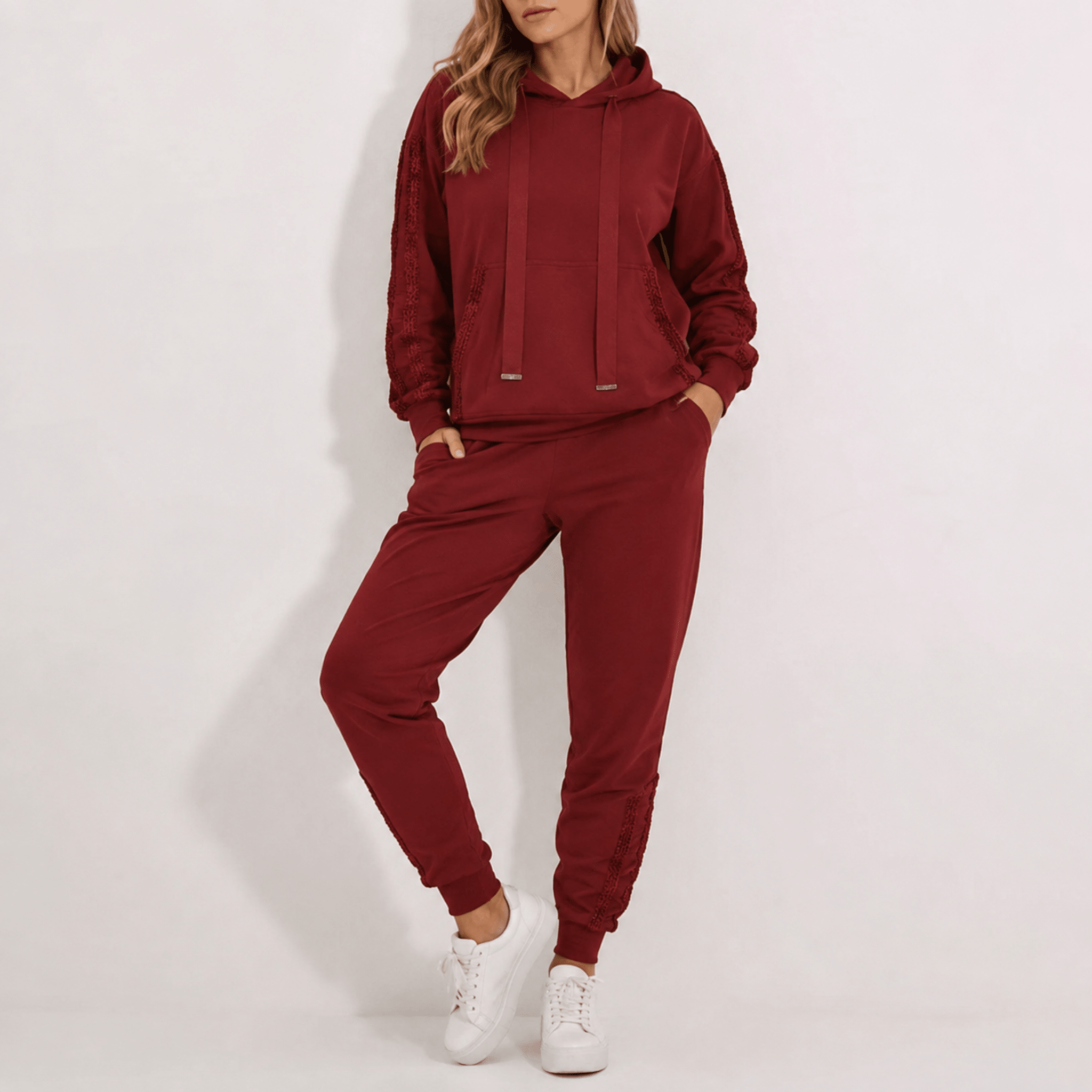 Phoebe - Women's Contrast Side Stripe Hoodie and Jogger Co-ord - Outfit Sets - Red - Parker&Brooks