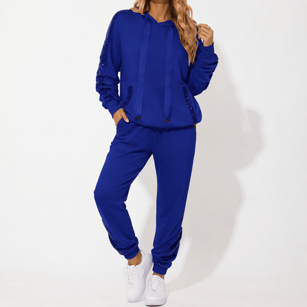 Phoebe - Women's Contrast Side Stripe Hoodie and Jogger Co-ord - Outfit Sets - Blue - Parker&Brooks