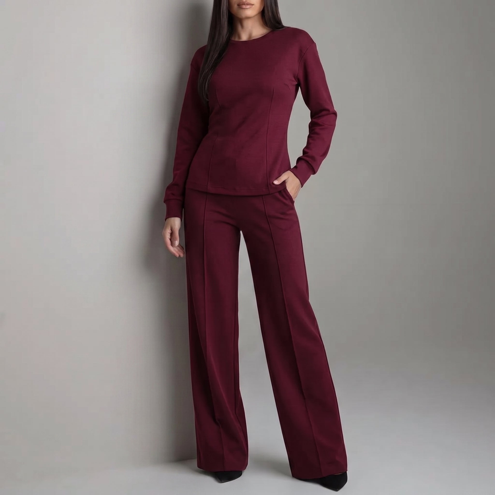 Phoebe - Women's Long Sleeve Wide-Leg Trouser Co-ord Set - Outfit Sets - Burgundy - Parker&Brooks