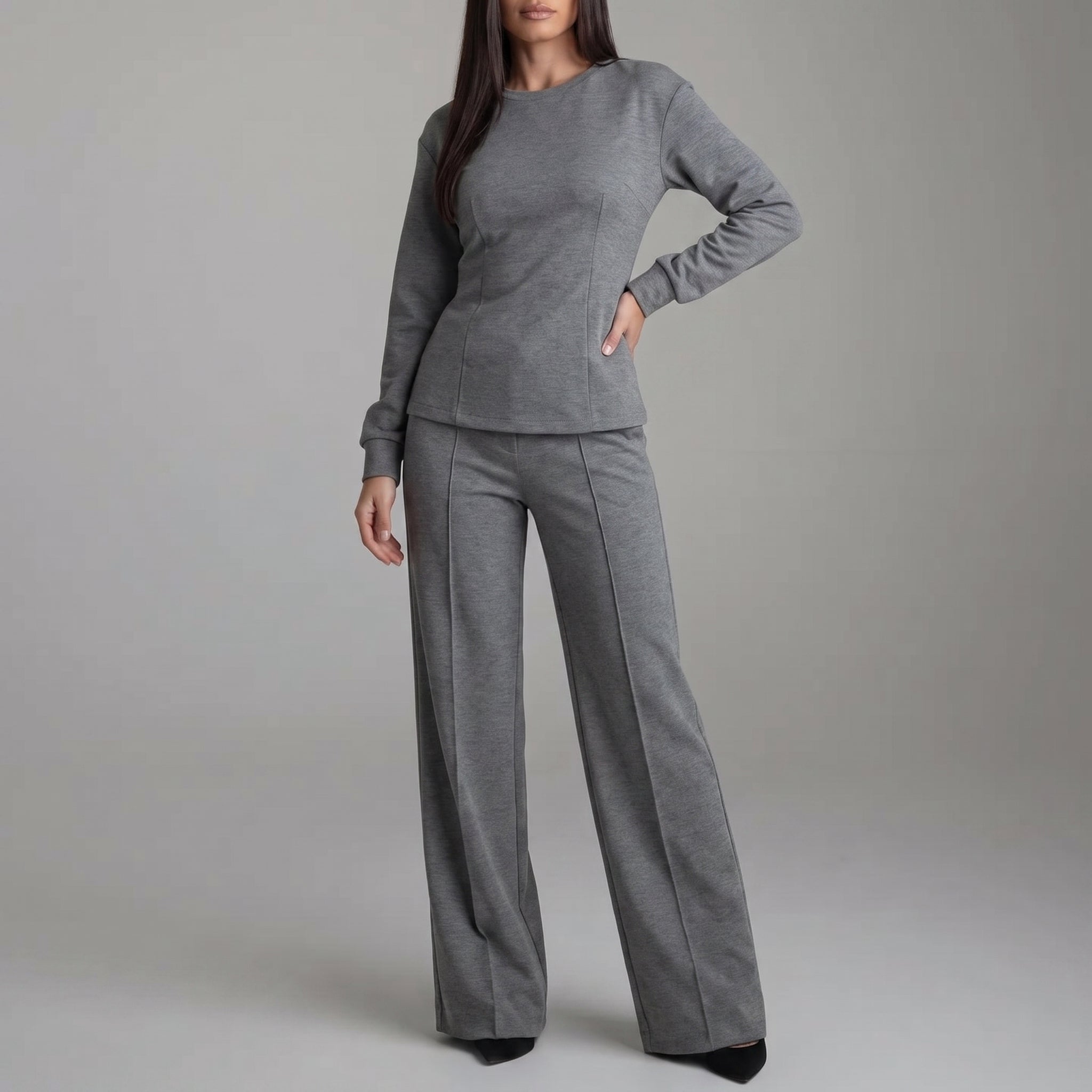 Phoebe - Women's Long Sleeve Wide-Leg Trouser Co-ord Set - Outfit Sets - Gray - Parker&Brooks
