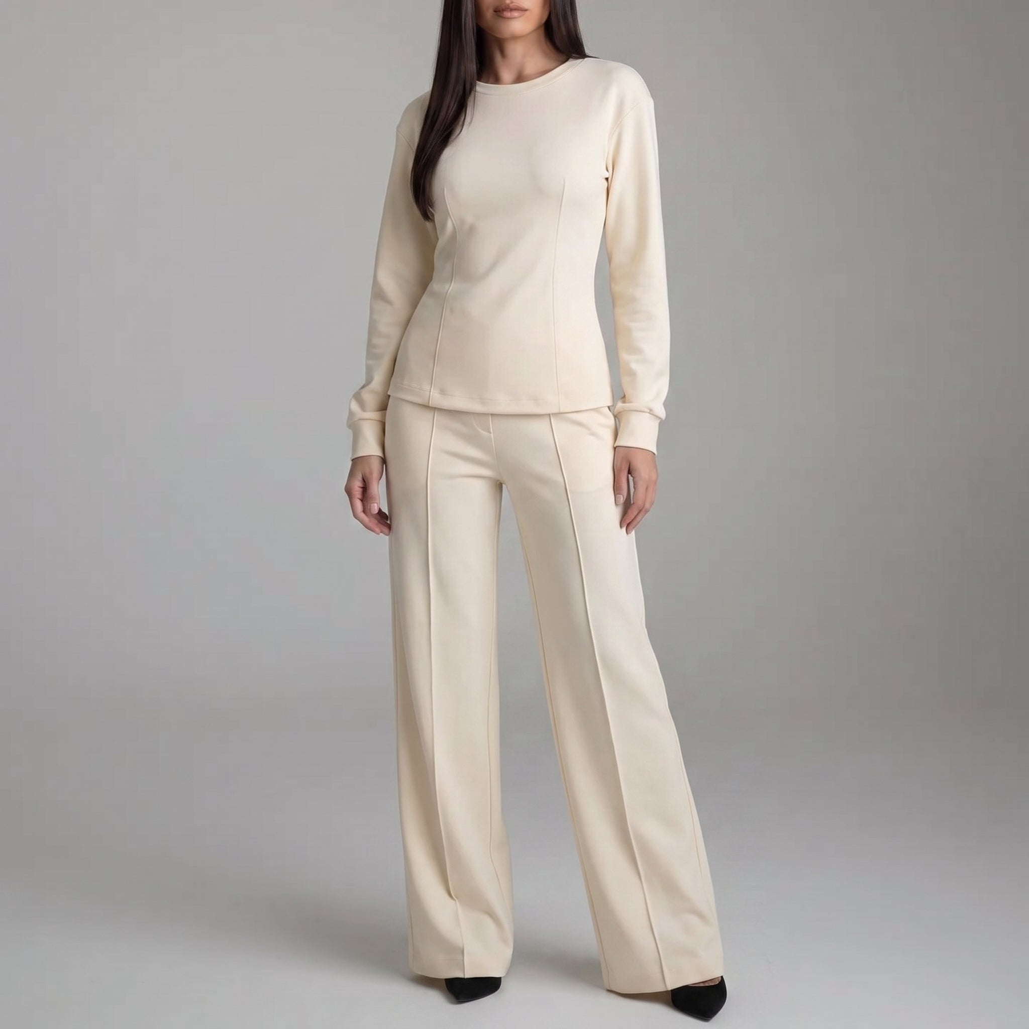 Phoebe - Women's Long Sleeve Wide-Leg Trouser Co-ord Set - Outfit Sets - Cream - Parker&Brooks