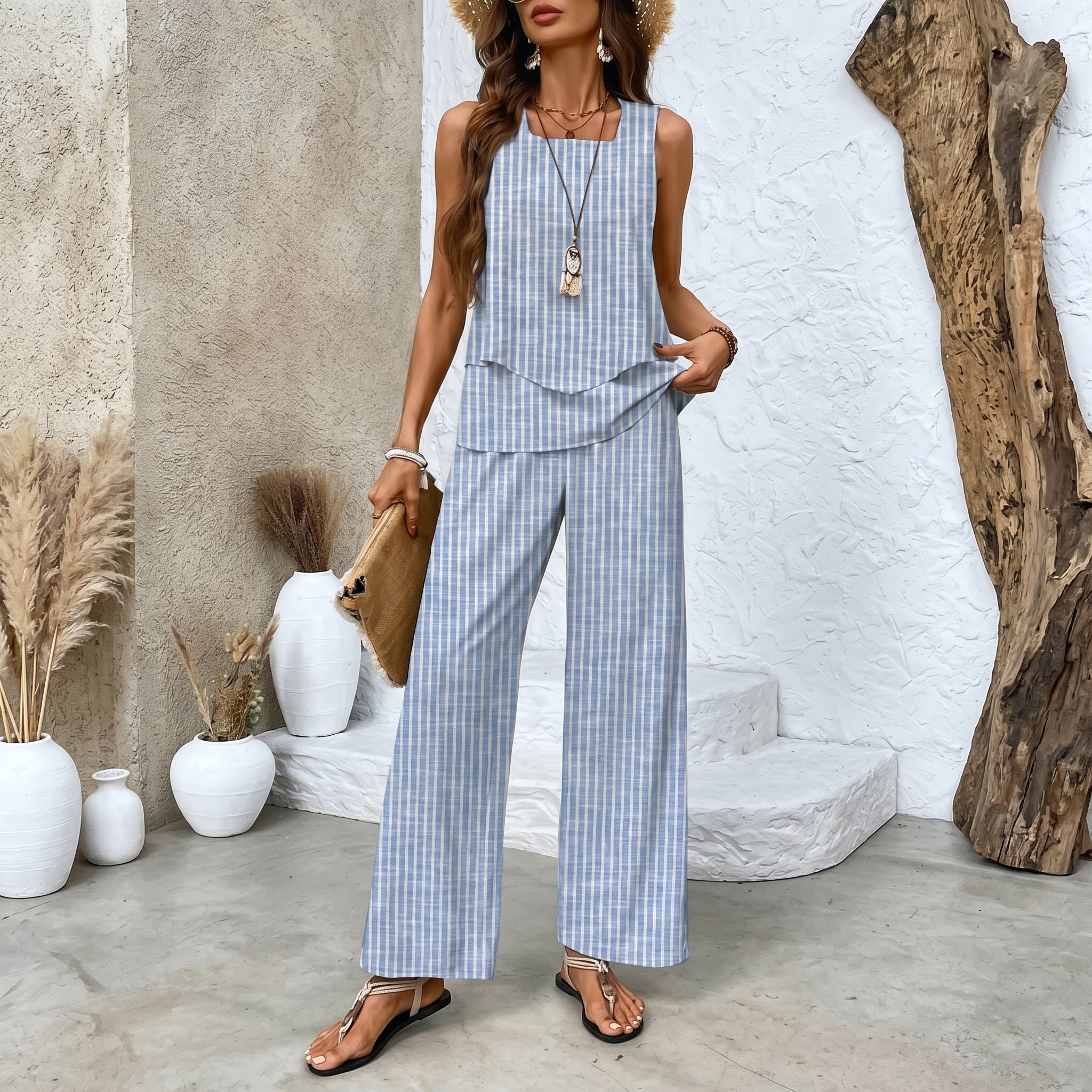 Phoebe - Women's Relaxed Wide - Leg Sleeveless Vest Co - ord Set - 2 Piece Set - Light Blue - Parker&Brooks