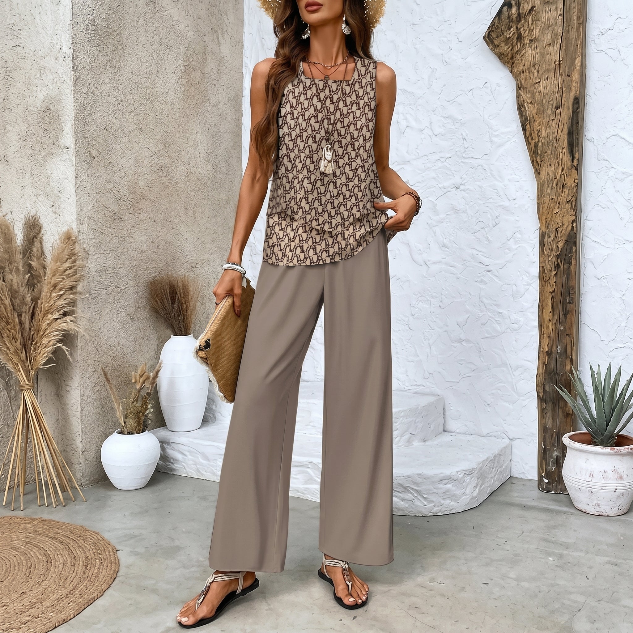Phoebe - Women's Relaxed Wide - Leg Sleeveless Vest Co - ord Set - 2 Piece Set - Brown - Parker&Brooks