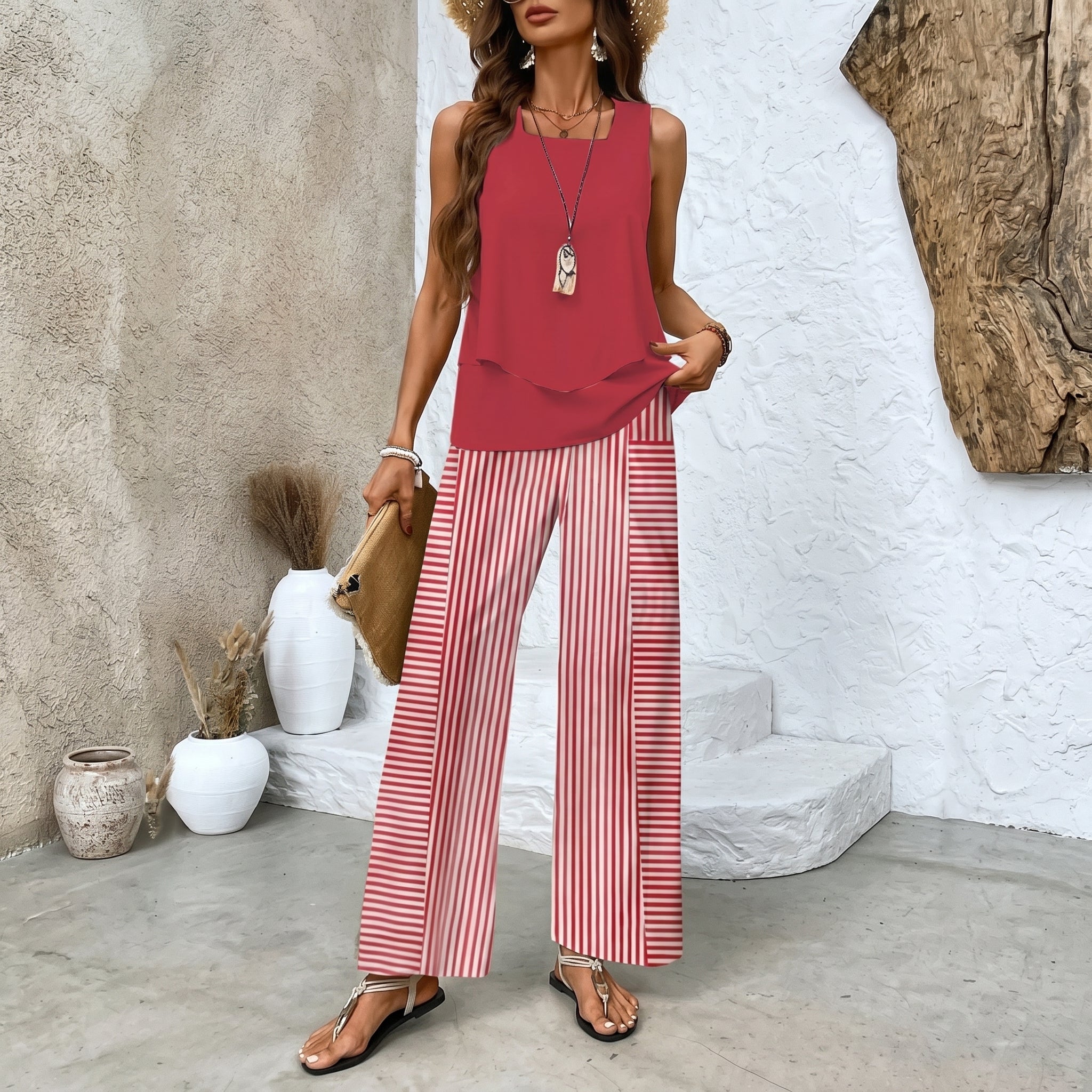 Phoebe - Women's Relaxed Wide - Leg Sleeveless Vest Co - ord Set - 2 Piece Set - Red - Parker&Brooks