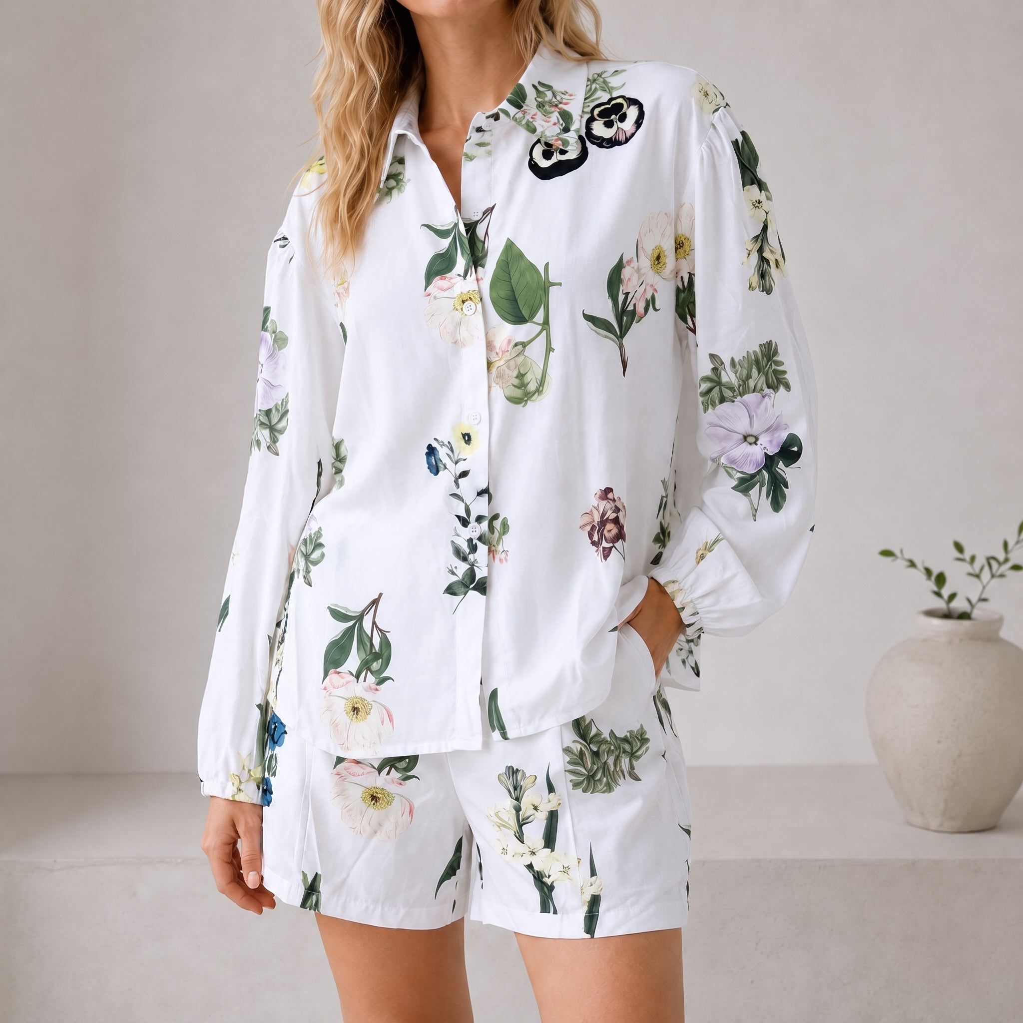 Phoebe - Women's Summer Floral Print Long Sleeve Shirt Co-ord Set - Outfit set - White - Parker&Brooks