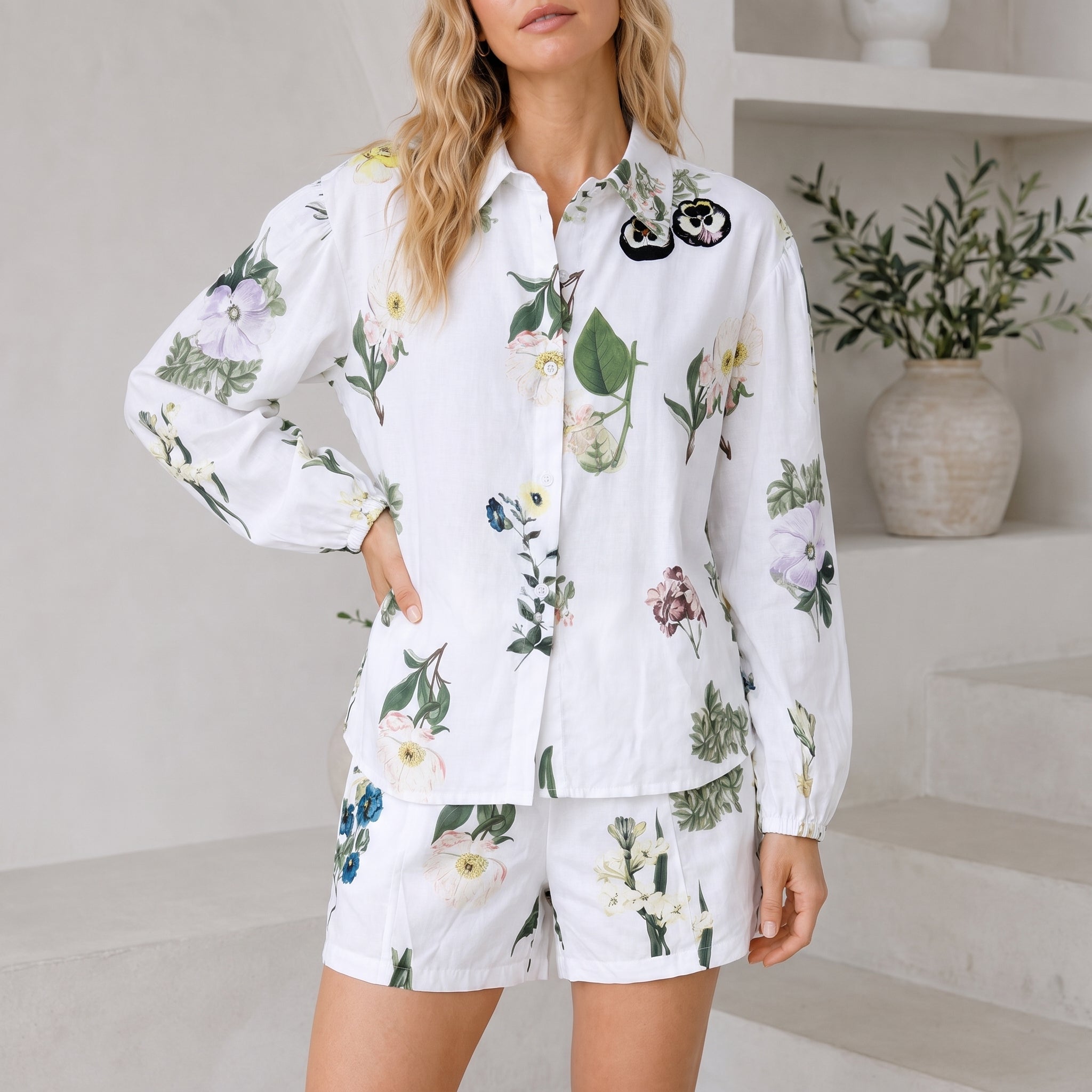 Phoebe - Women's Summer Floral Print Long Sleeve Shirt Co-ord Set - Outfit set - White - Parker&Brooks