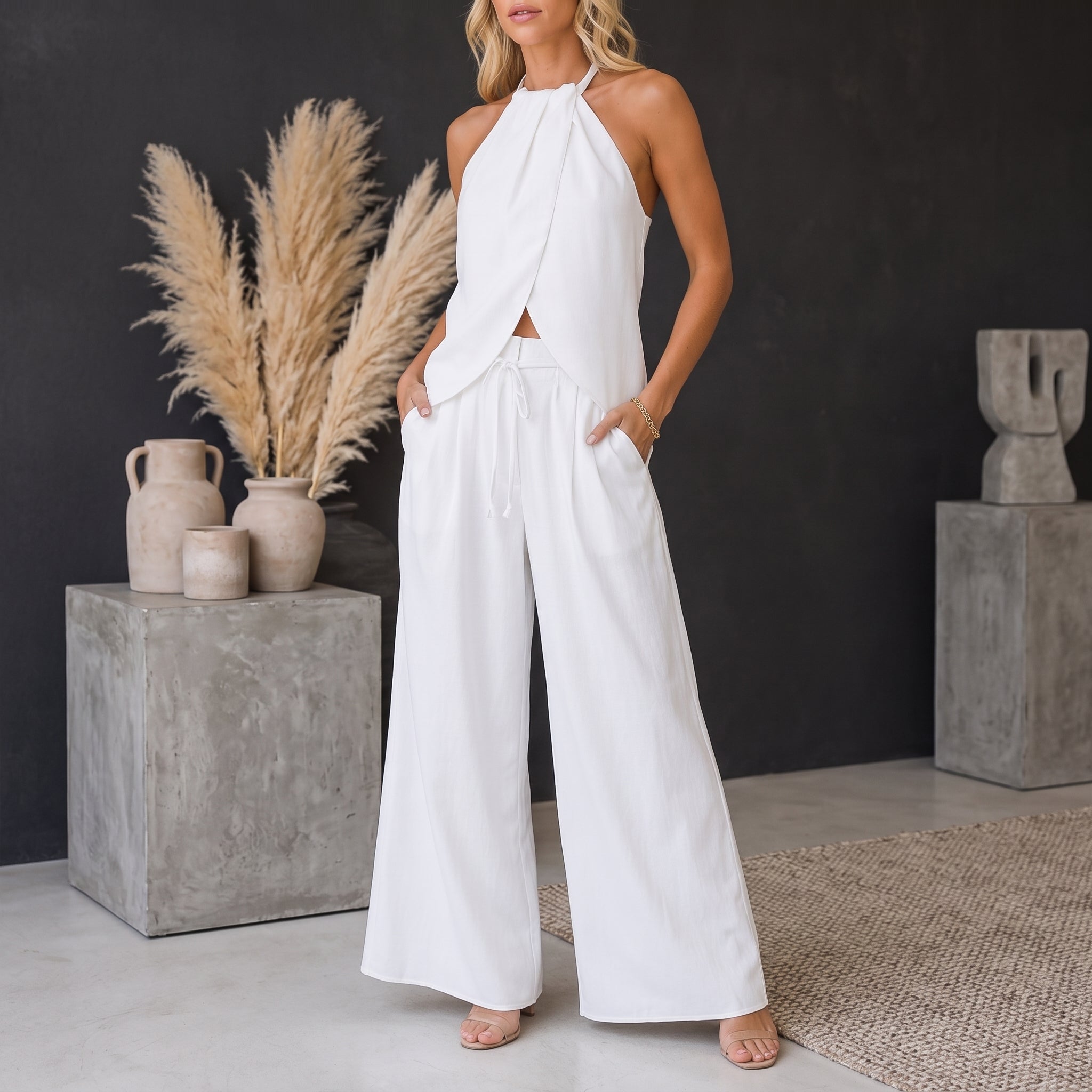 Phoebe - Women's Summer Halter Neck Wrap Top Trouser Co-ord Set - Outfit Sets - White - Parker&Brooks