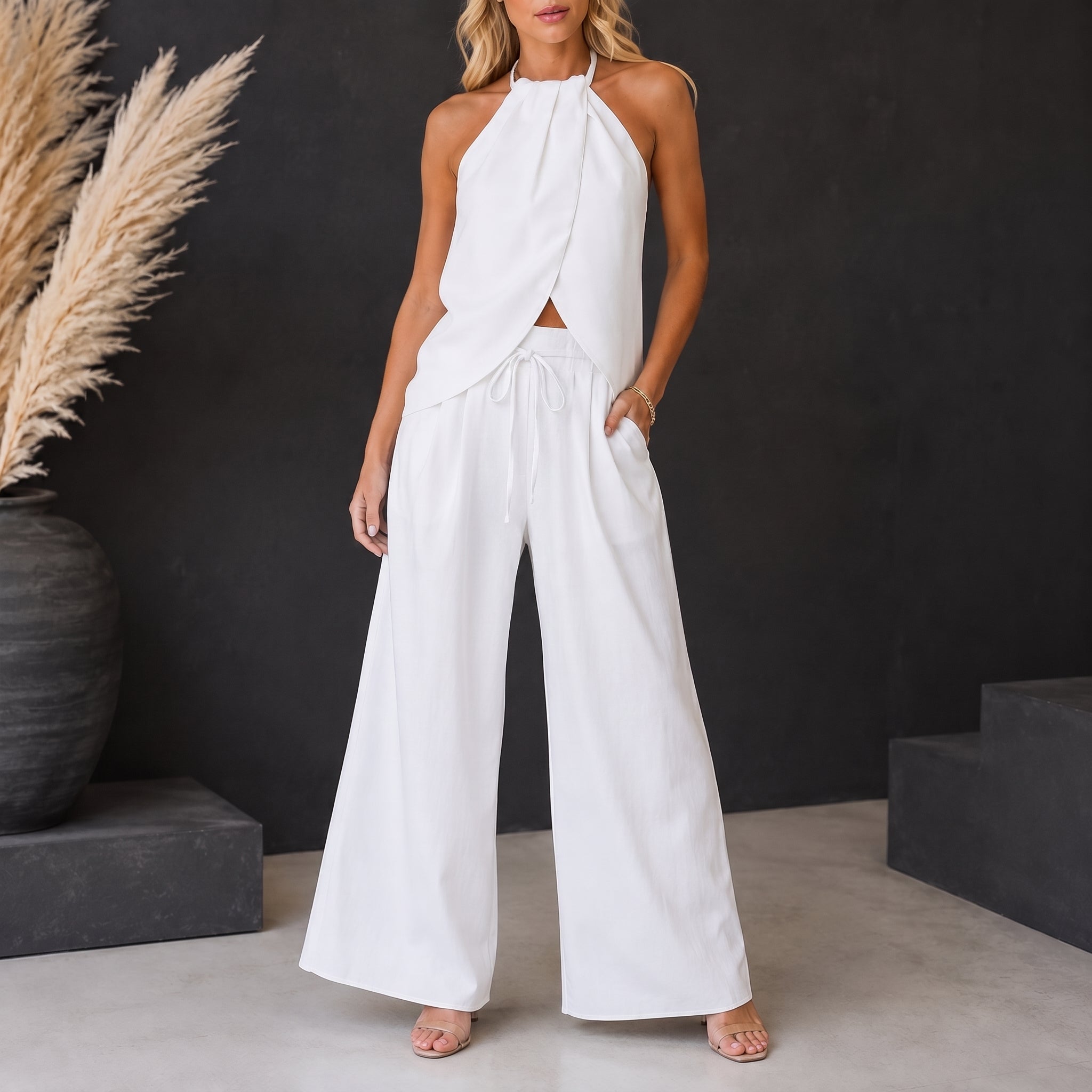 Phoebe - Women's Summer Halter Neck Wrap Top Trouser Co-ord Set - Outfit Sets - White - Parker&Brooks