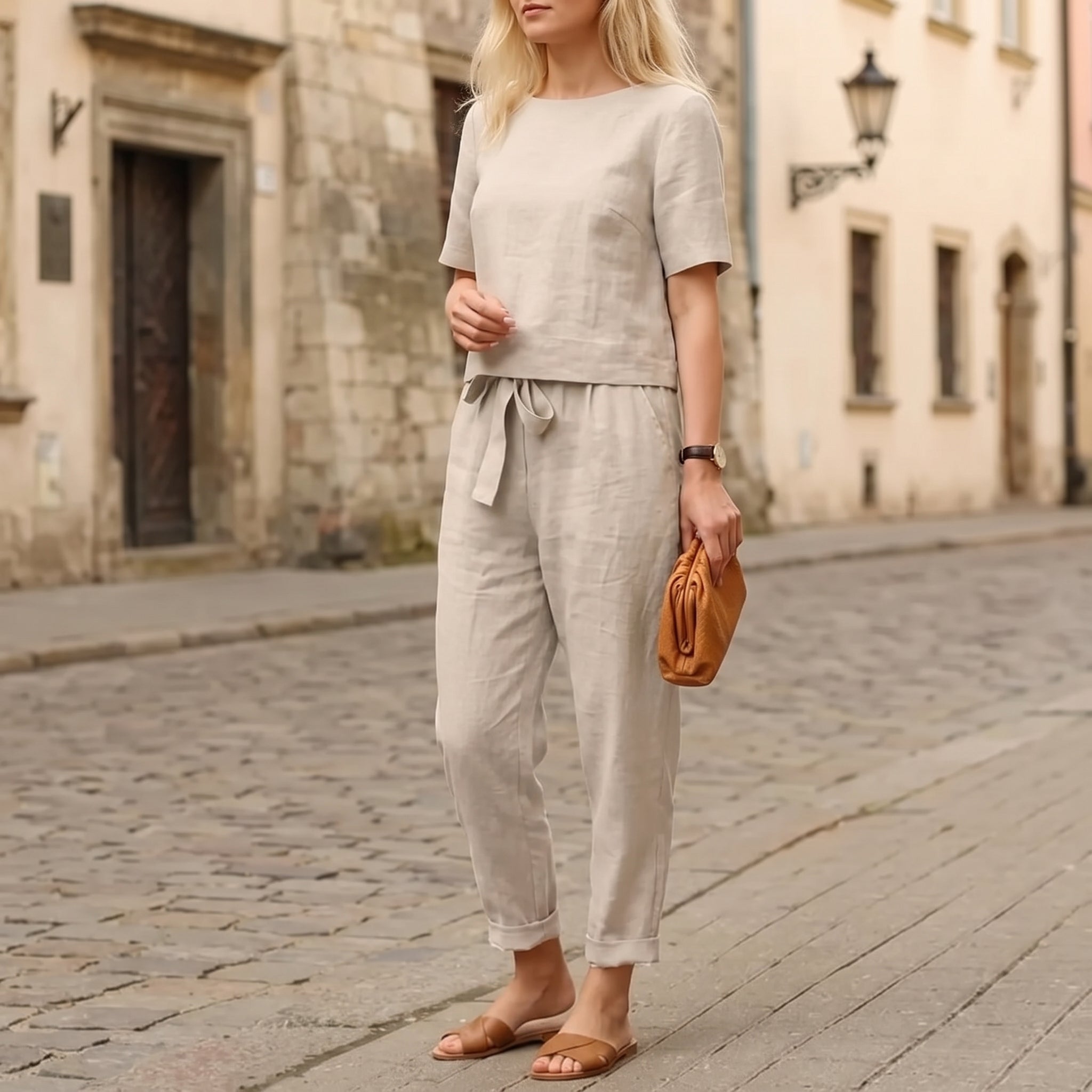 Phoebe - Women's Summer Short Sleeve Straight Leg Co-ord Set - Outfit Sets - Khaki - Parker&Brooks