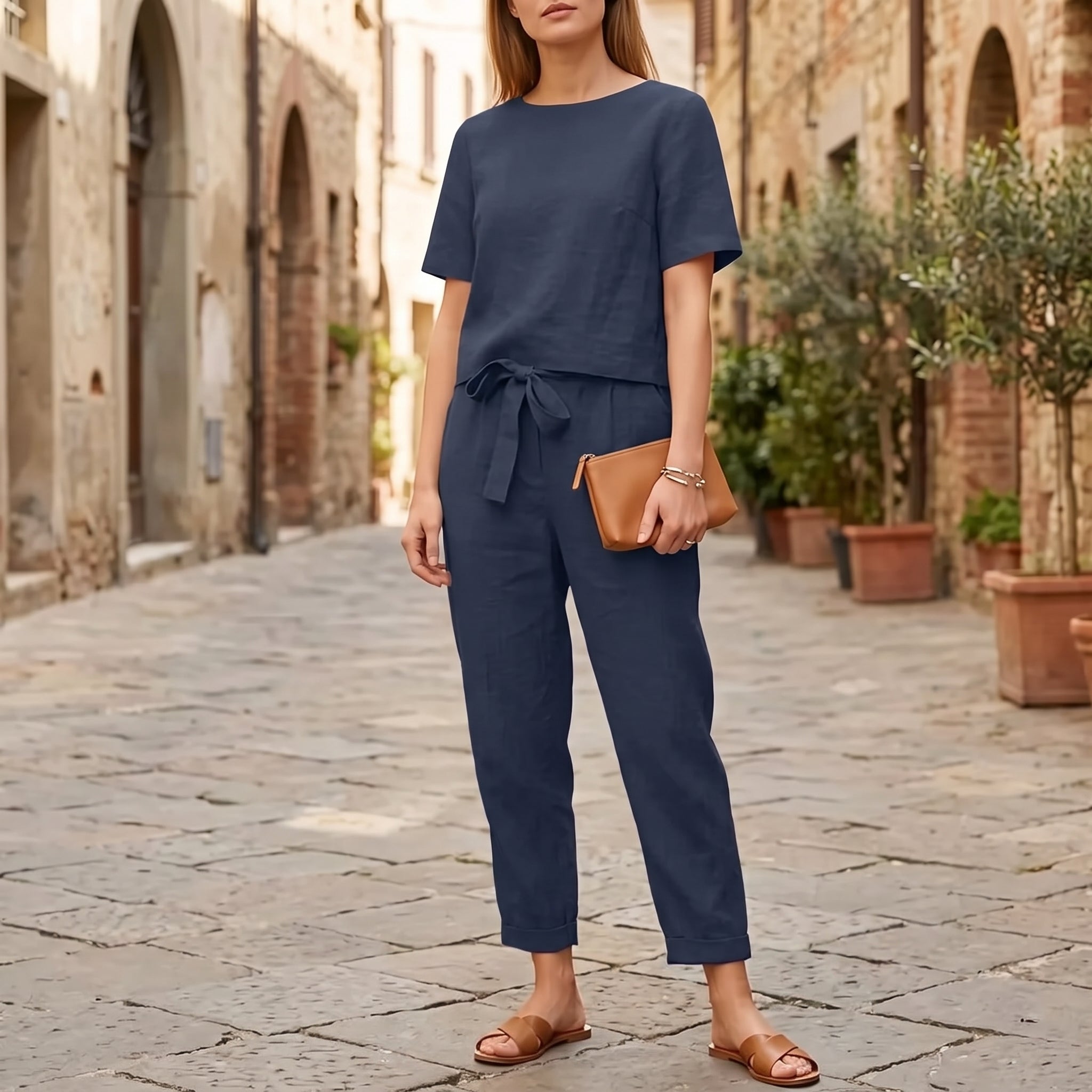 Phoebe - Women's Summer Short Sleeve Straight Leg Co-ord Set - Outfit Sets - Blue - Parker&Brooks