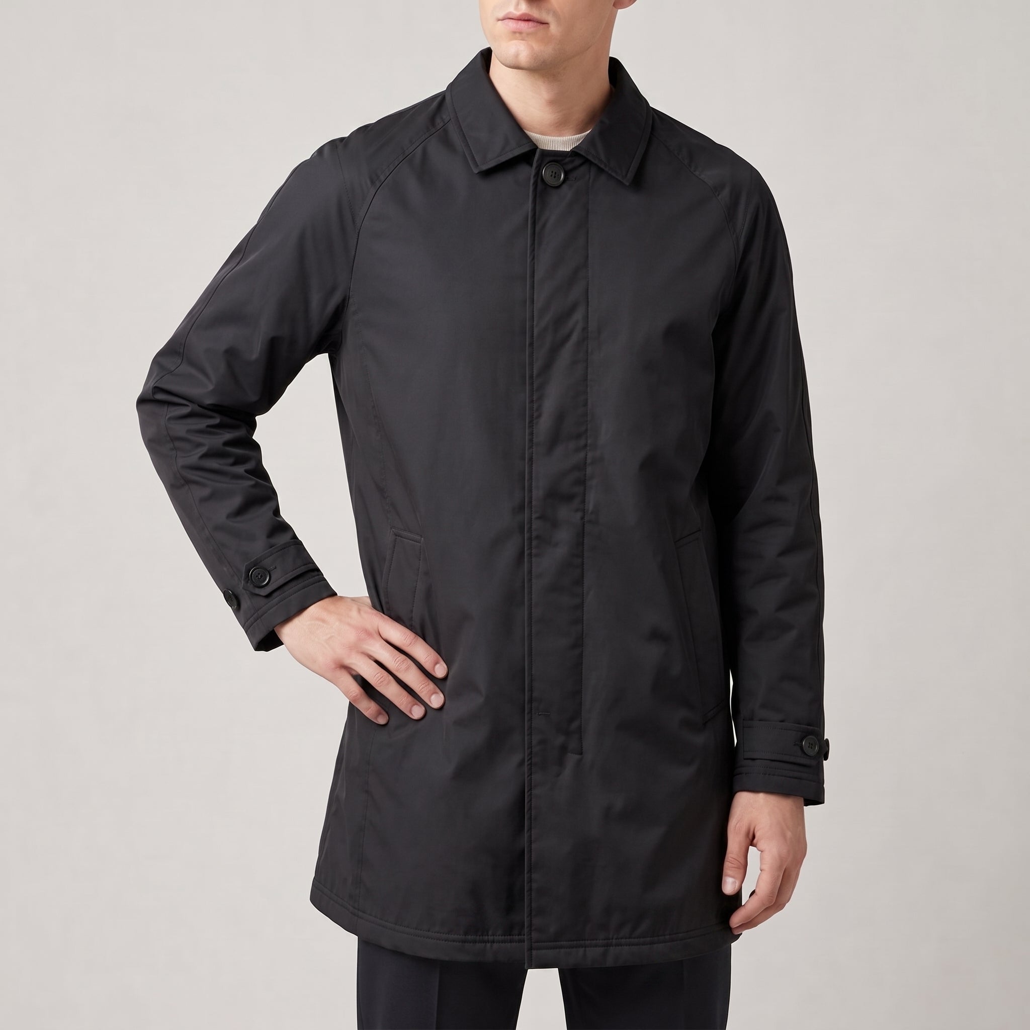 Rafael - Men's Button-Tab Flap Pocket Transitional Coat - Trench Coats - Black - Parker&Brooks
