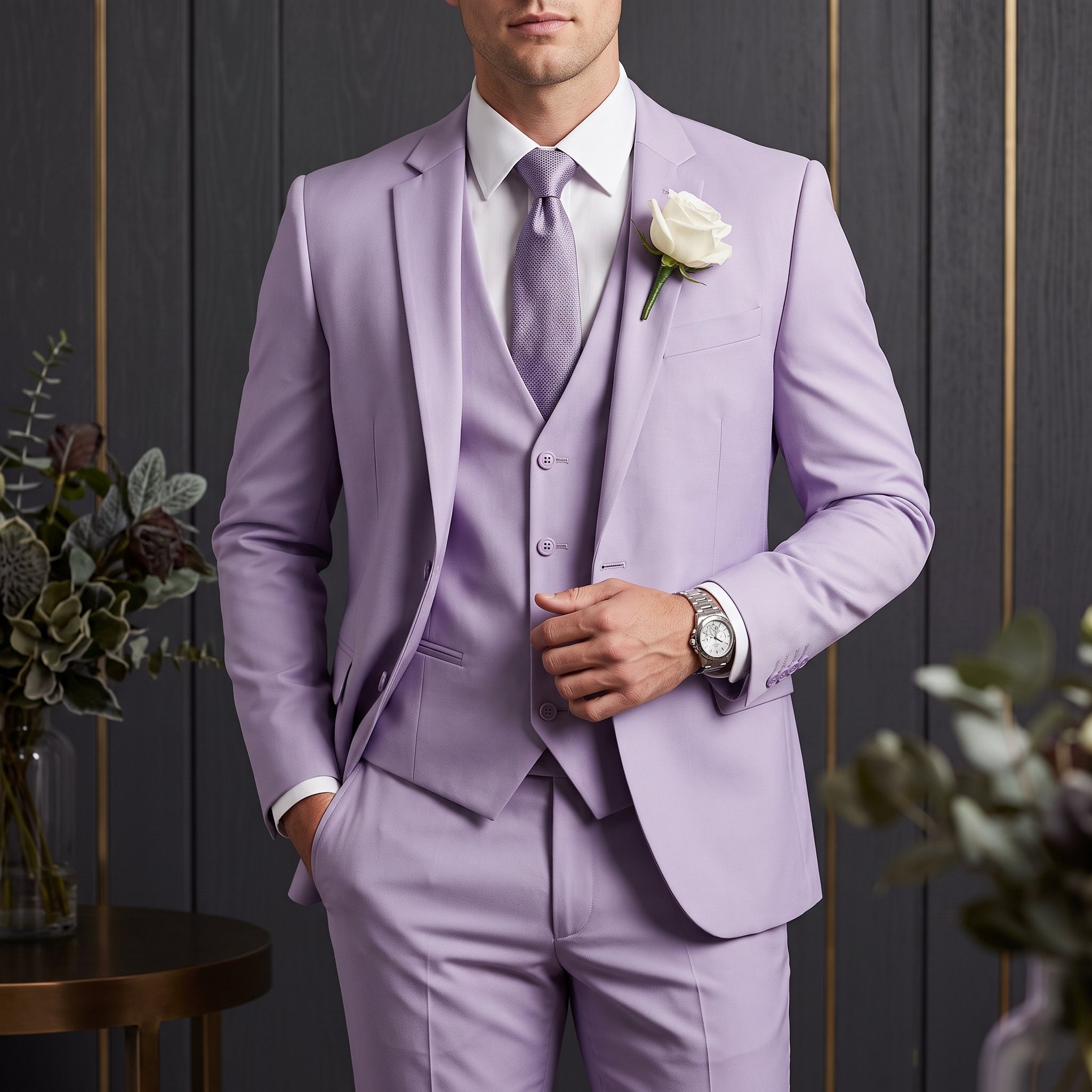 Reinhard – Men's Classic Notch Lapel Waistcoat Wedding Guest Suit - Suits - Purple - Parker&Brooks