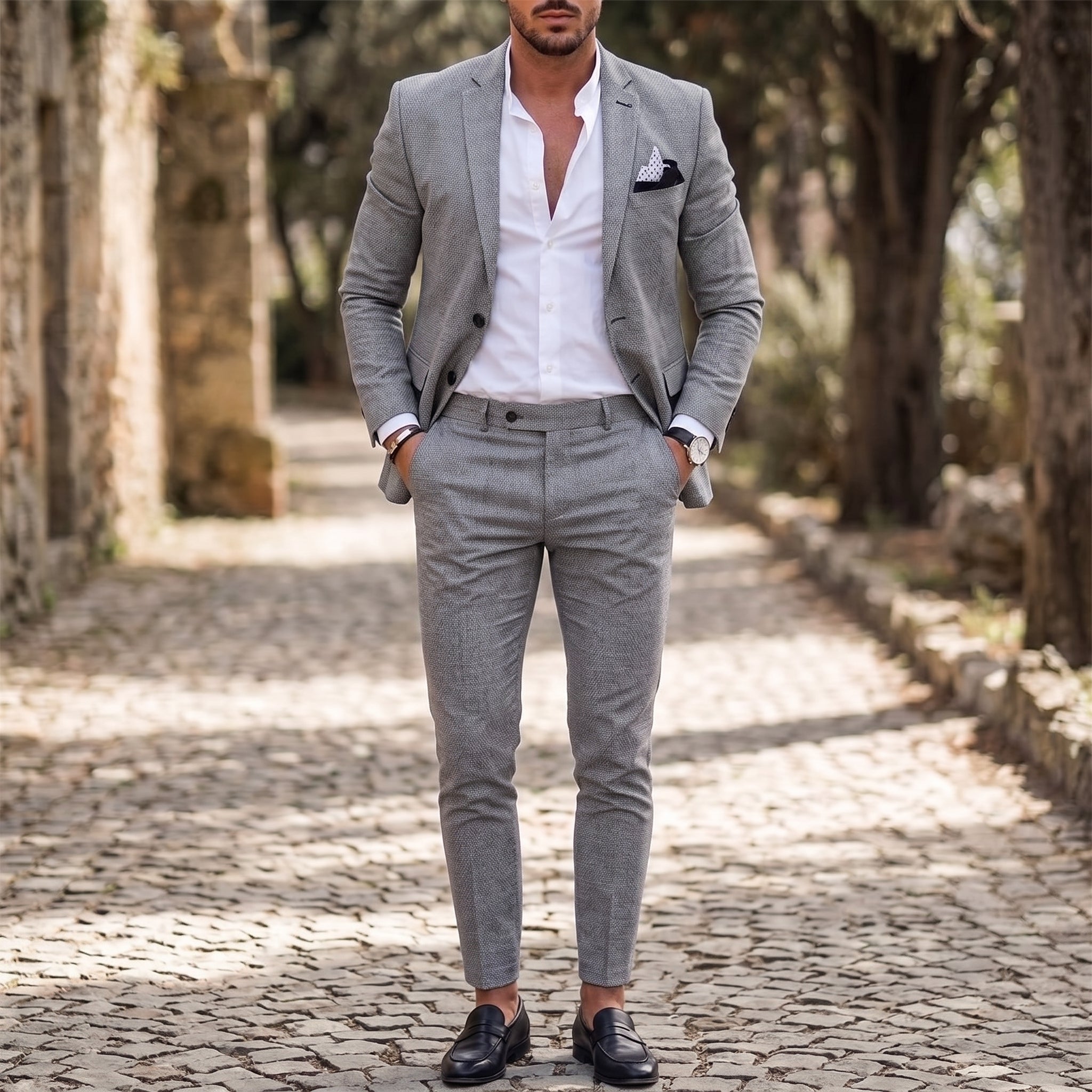 Reinhard - Men's Slim Fit Notch Lapel Two-Piece Wedding Guest Suit - Suits - Gray - Parker&Brooks