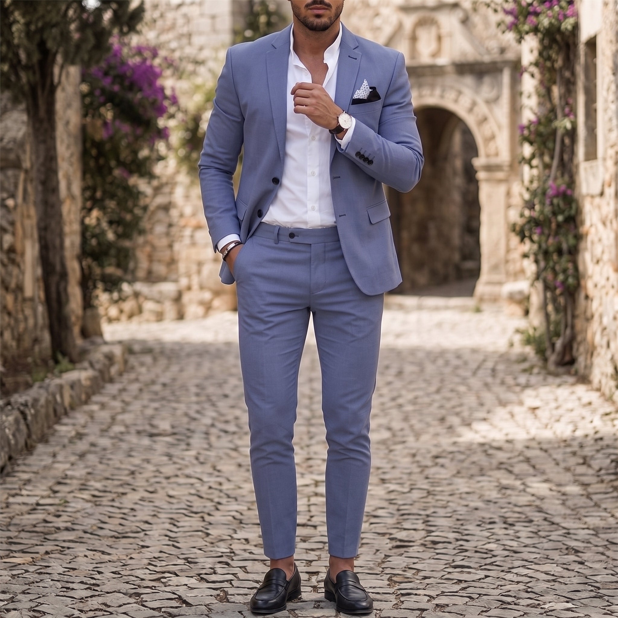 Reinhard - Men's Slim Fit Notch Lapel Two-Piece Wedding Guest Suit - Suits - Light Blue - Parker&Brooks