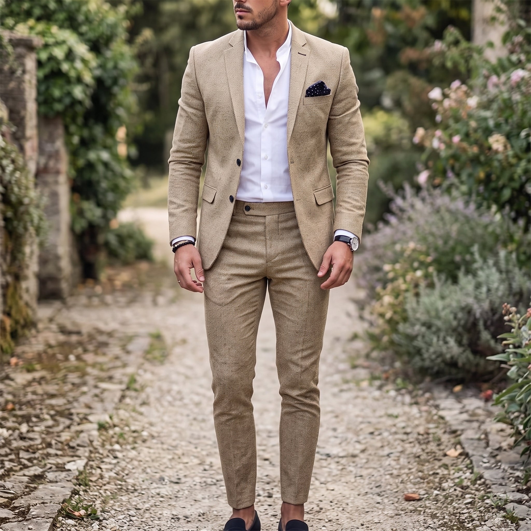 Reinhard - Men's Slim Fit Notch Lapel Two-Piece Wedding Guest Suit - Suits - Khaki - Parker&Brooks