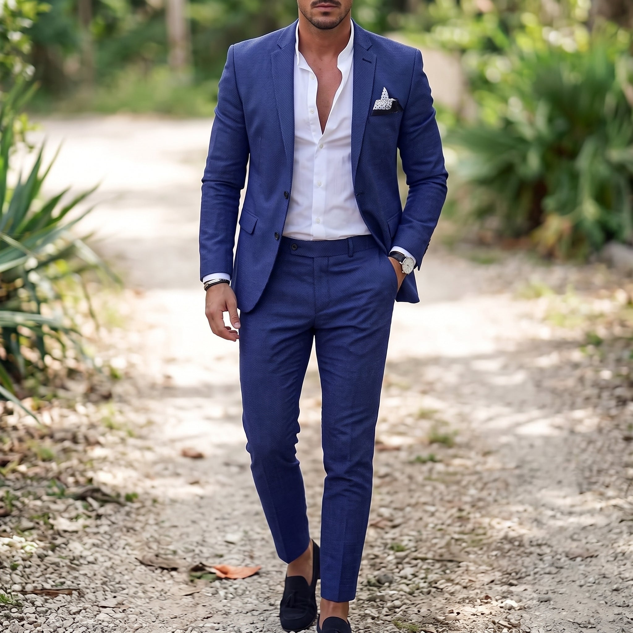 Reinhard - Men's Slim Fit Notch Lapel Two-Piece Wedding Guest Suit - Suits - Dark Blue - Parker&Brooks