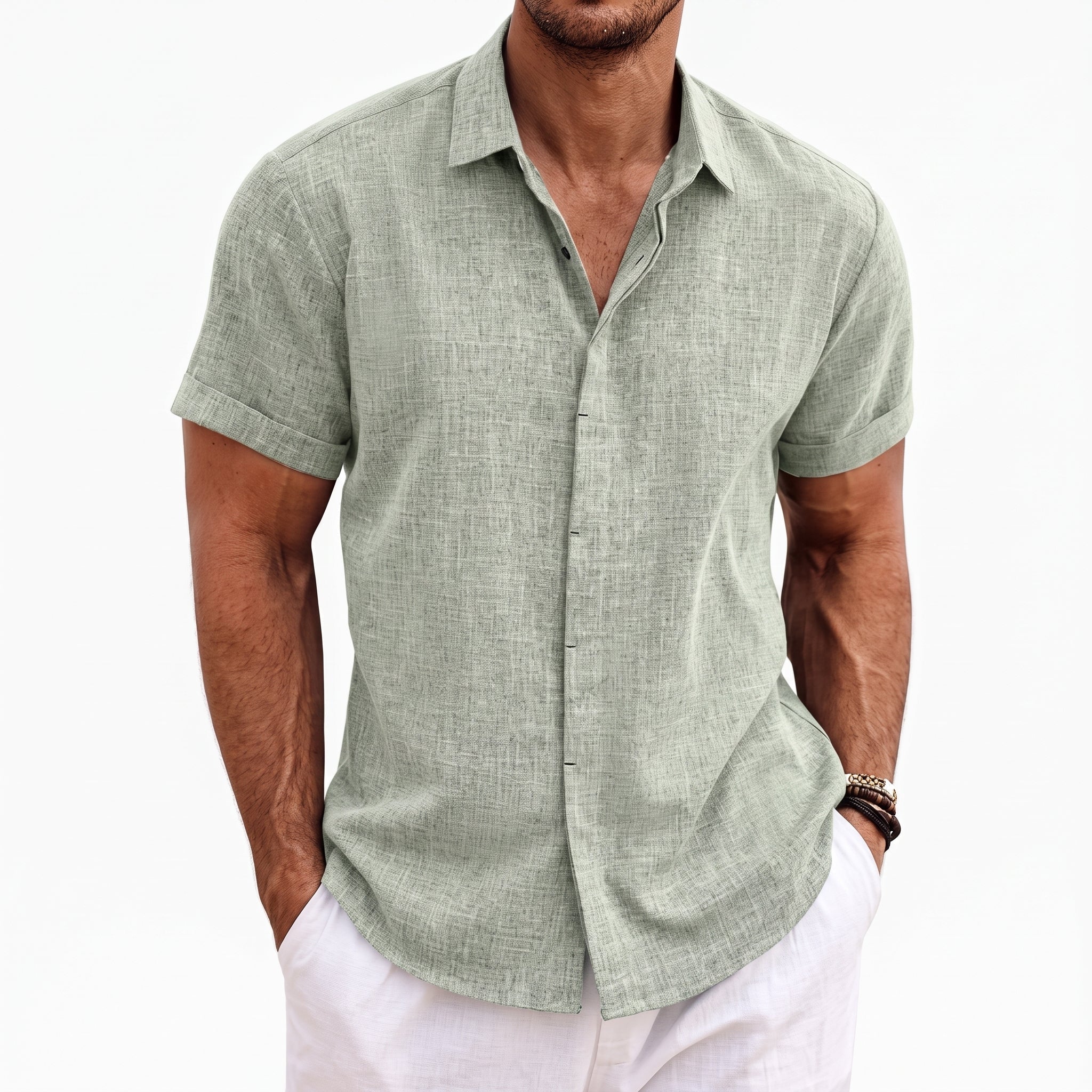 Robert - Men's Summer Concealed Placket Short Sleeve Casual Shirt - Shirts - Green - Parker&Brooks