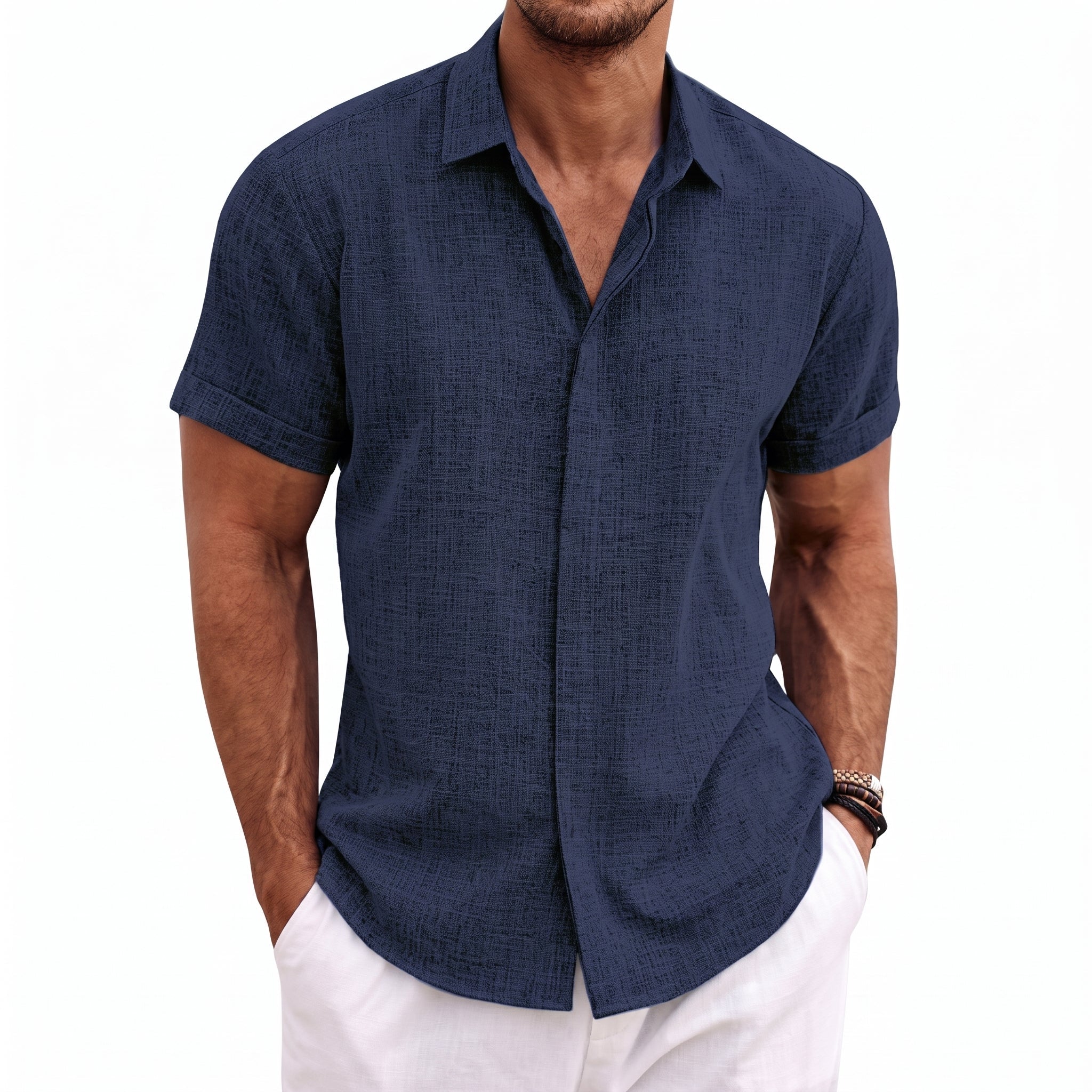 Robert - Men's Summer Concealed Placket Short Sleeve Casual Shirt - Shirts - Navy Blue - Parker&Brooks