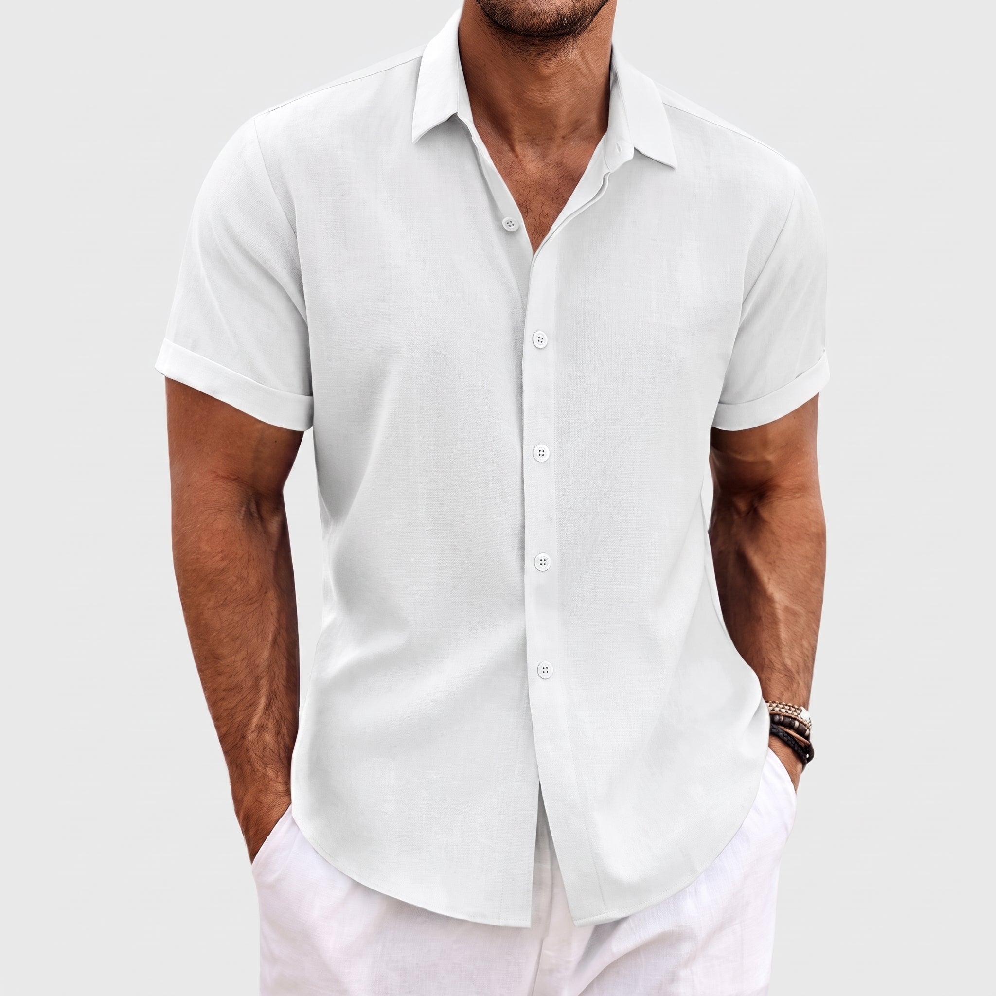 Robert - Men's Summer Concealed Placket Short Sleeve Shirt - Shirts - White - Parker&Brooks