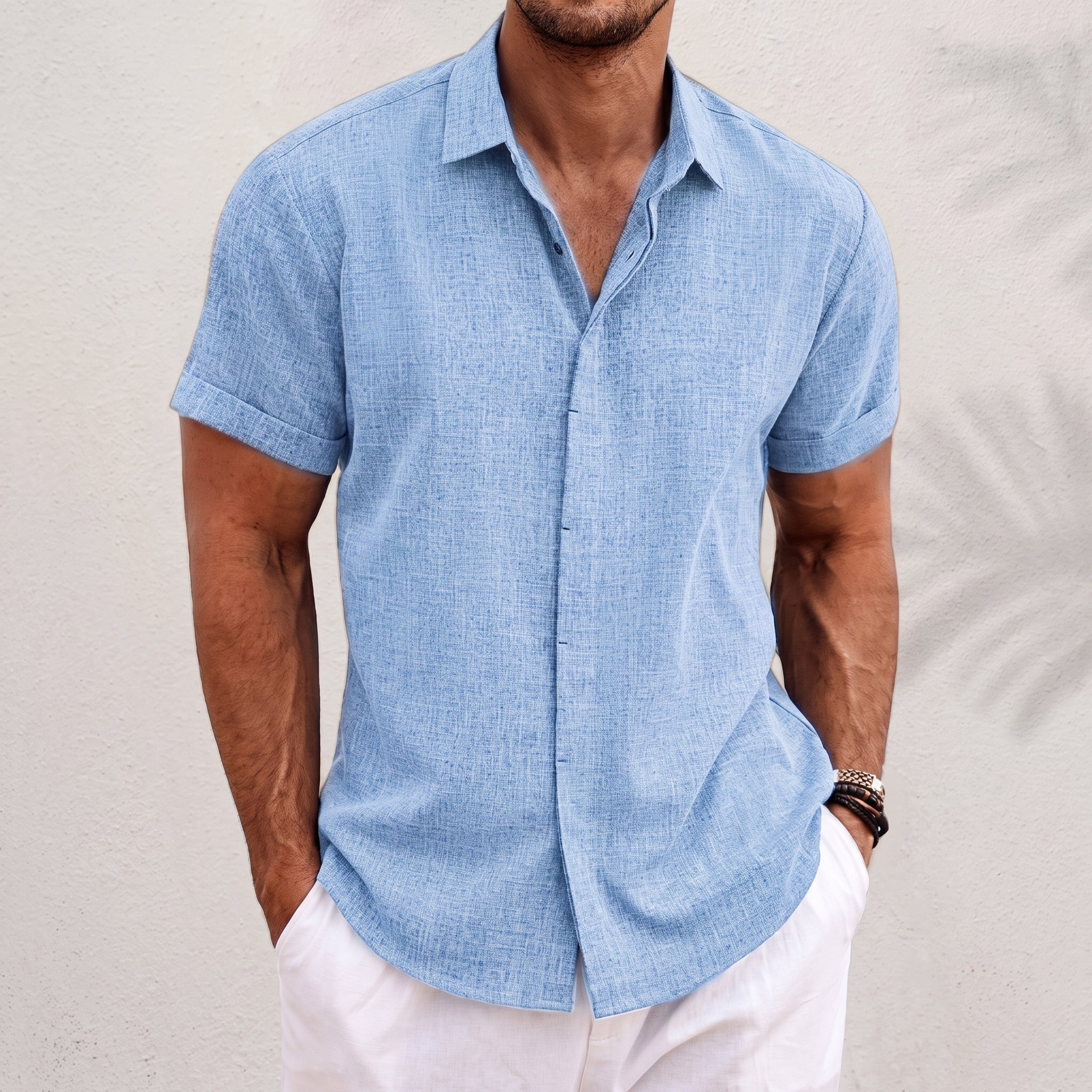 Robert - Men's Summer Concealed Placket Short Sleeve Shirt - Shirts - Light Blue - Parker&Brooks