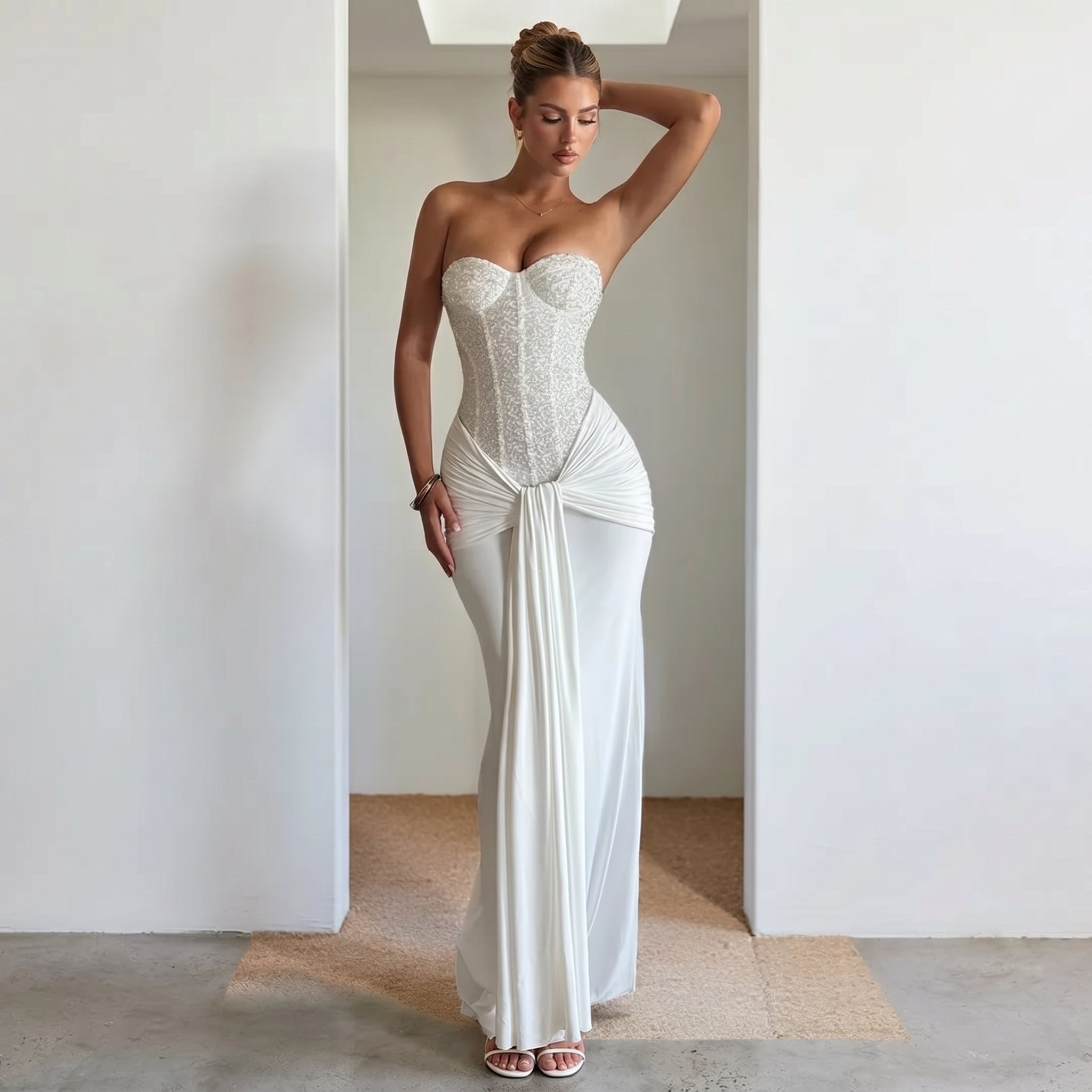 Rosa - Women's Evening Lace Corset Maxi Dress - Maxi Dress - White - Parker&Brooks