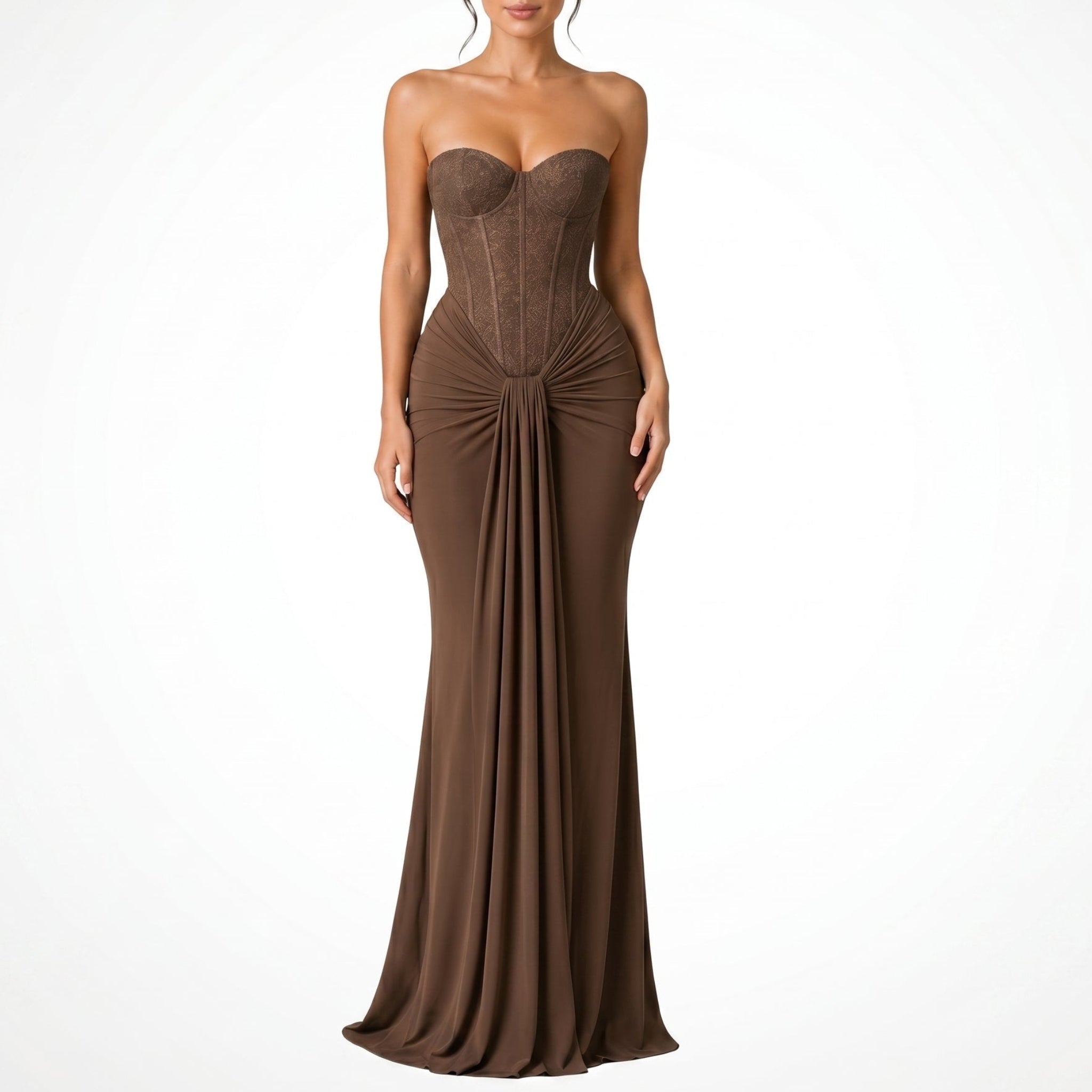 Rosa - Women's Evening Lace Corset Maxi Dress - Maxi Dress - Brown - Parker&Brooks