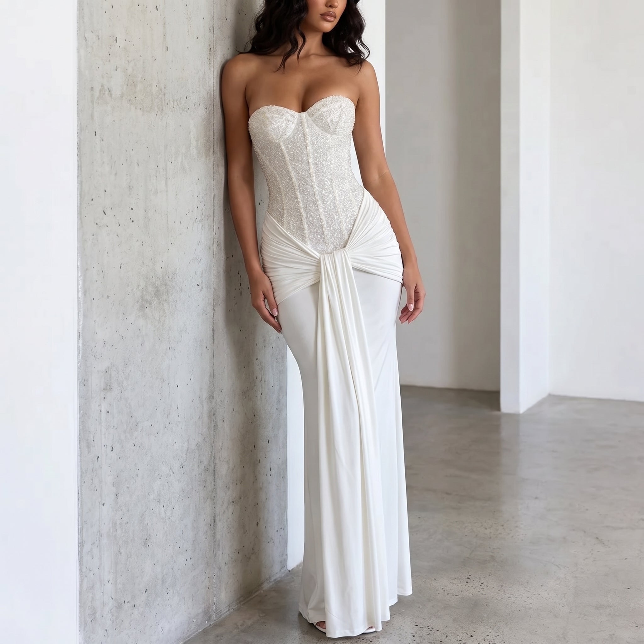 Rosa - Women's Evening Lace Corset Maxi Dress - Maxi Dress - White - Parker&Brooks