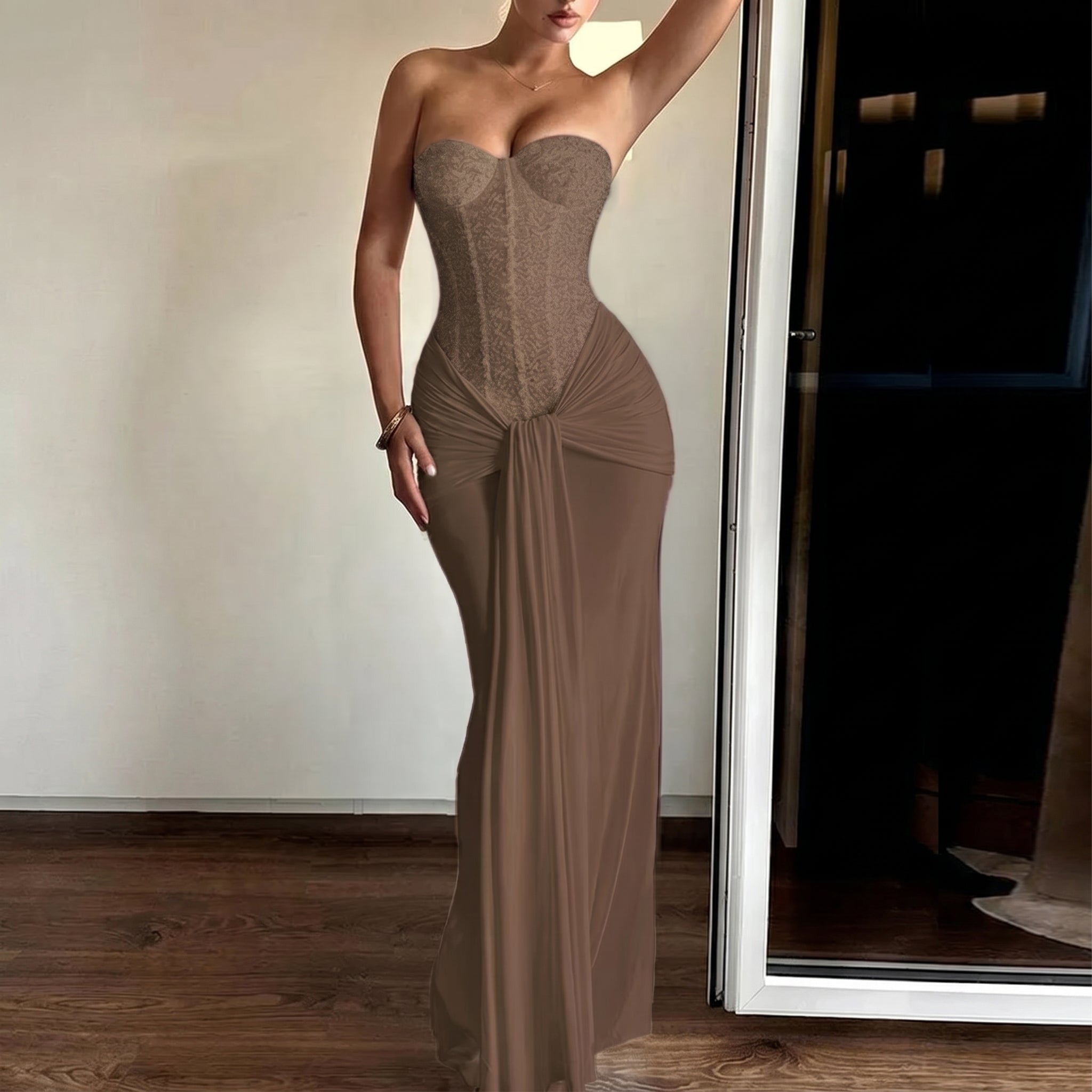 Rosa - Women's Evening Lace Corset Maxi Dress - Maxi Dress - Brown - Parker&Brooks
