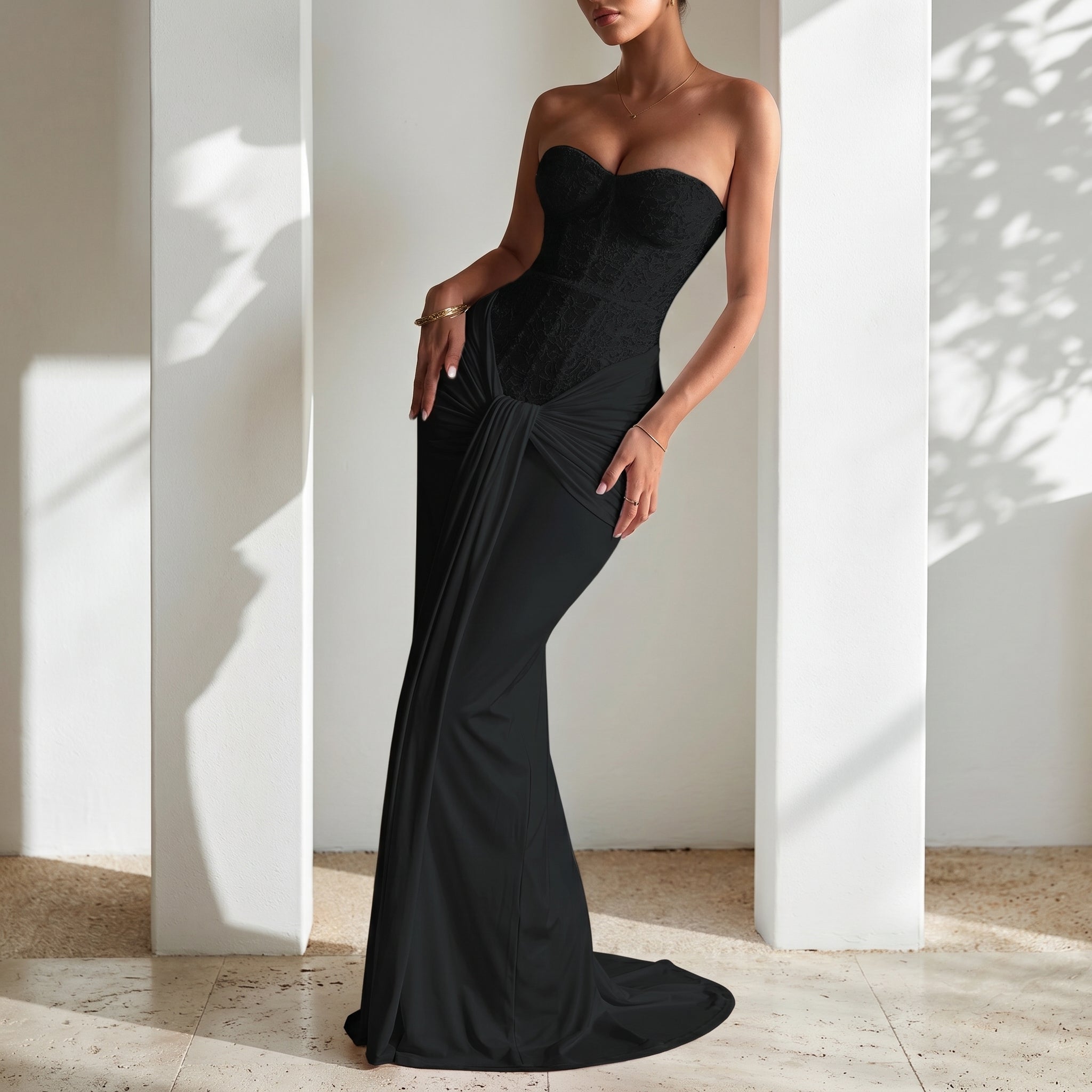 Rosa - Women's Evening Lace Corset Maxi Dress - Maxi Dress - Black - Parker&Brooks